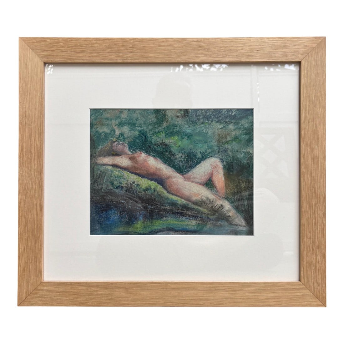 Vintage Mid-Century Pastel Nude on Paper Circa 1960s – Newly Framed: Original unsigned pastel nude drawing on paper, executed mid-20th century (likely 1960s–1970s). The composition features a reclining figure rendered with soft, expressive pastel strokes and a