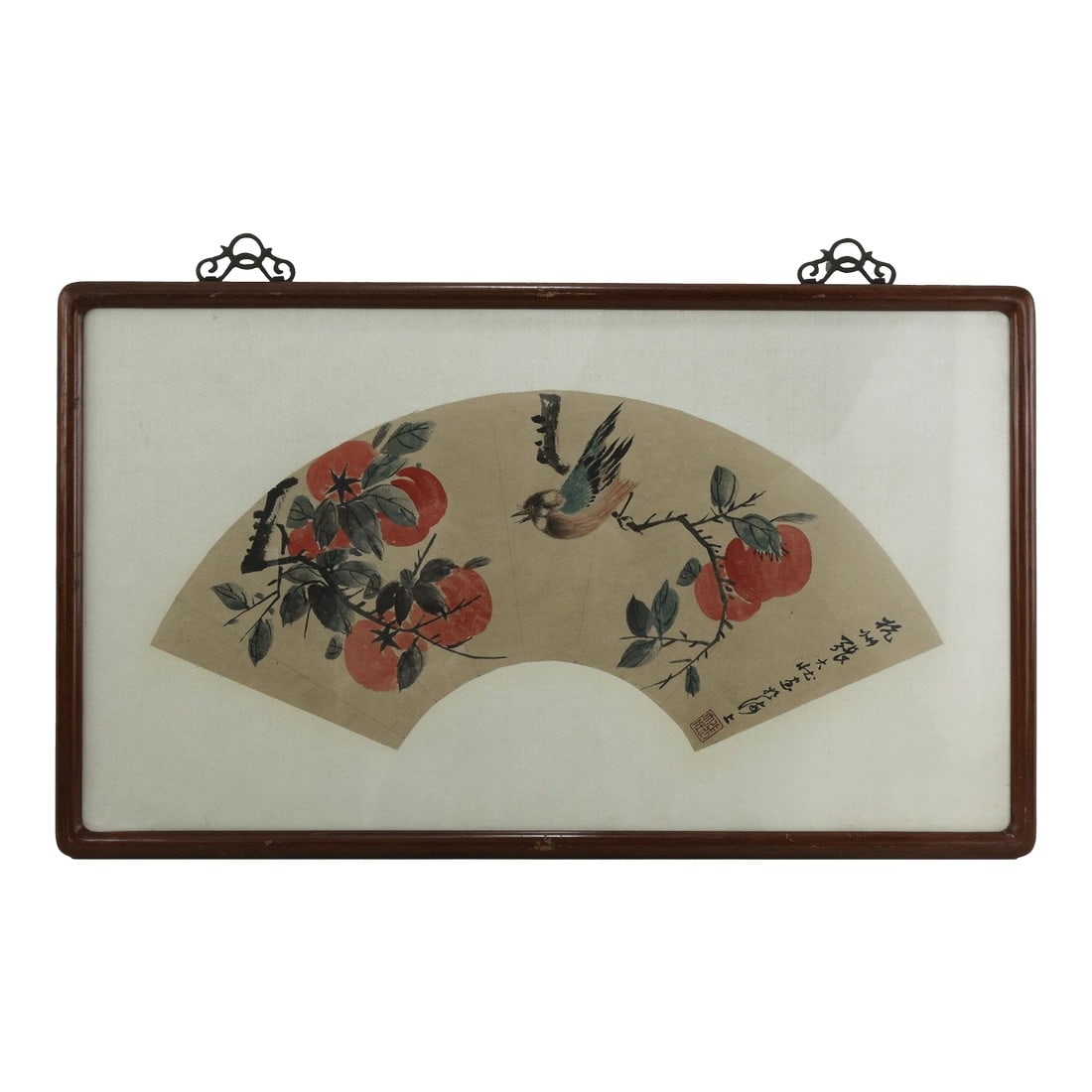 Vintage Chinese Fan Painting Birds and Persimmons Framed Ink and Color on Paper With Calligraphy: This exquisite vintage Chinese fan painting features a vibrant "Birds and Persimmons" composition rendered in ink and color on paper. The artwork depicts two small, energetic birds perched among
