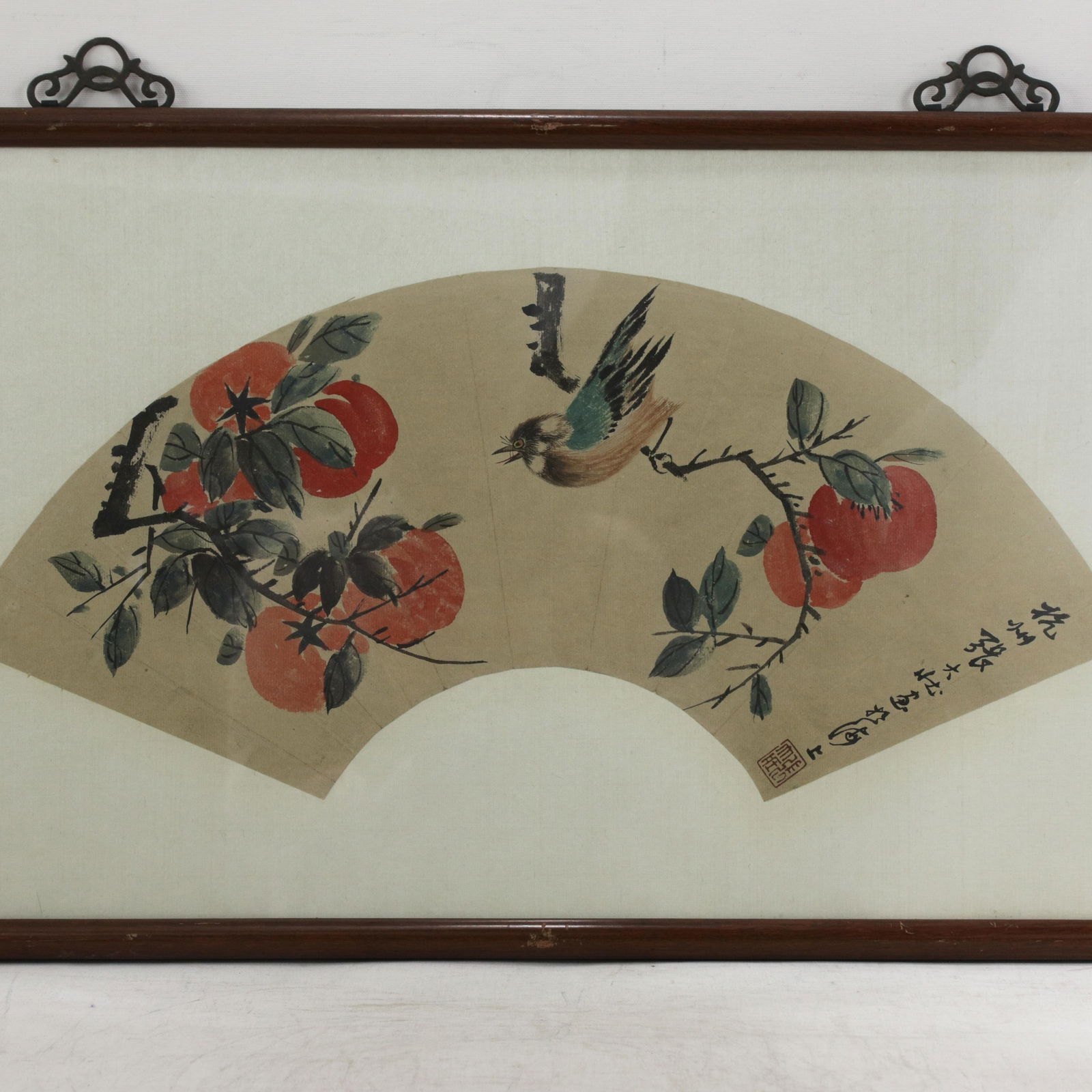 Vintage Chinese Fan Painting Birds and Persimmons Framed Ink and Color on Paper With Calligraphy - 2
