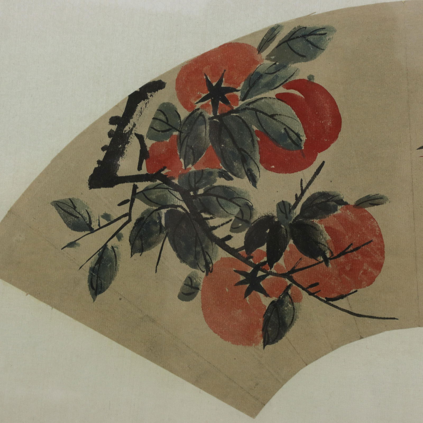 Vintage Chinese Fan Painting Birds and Persimmons Framed Ink and Color on Paper With Calligraphy - 3