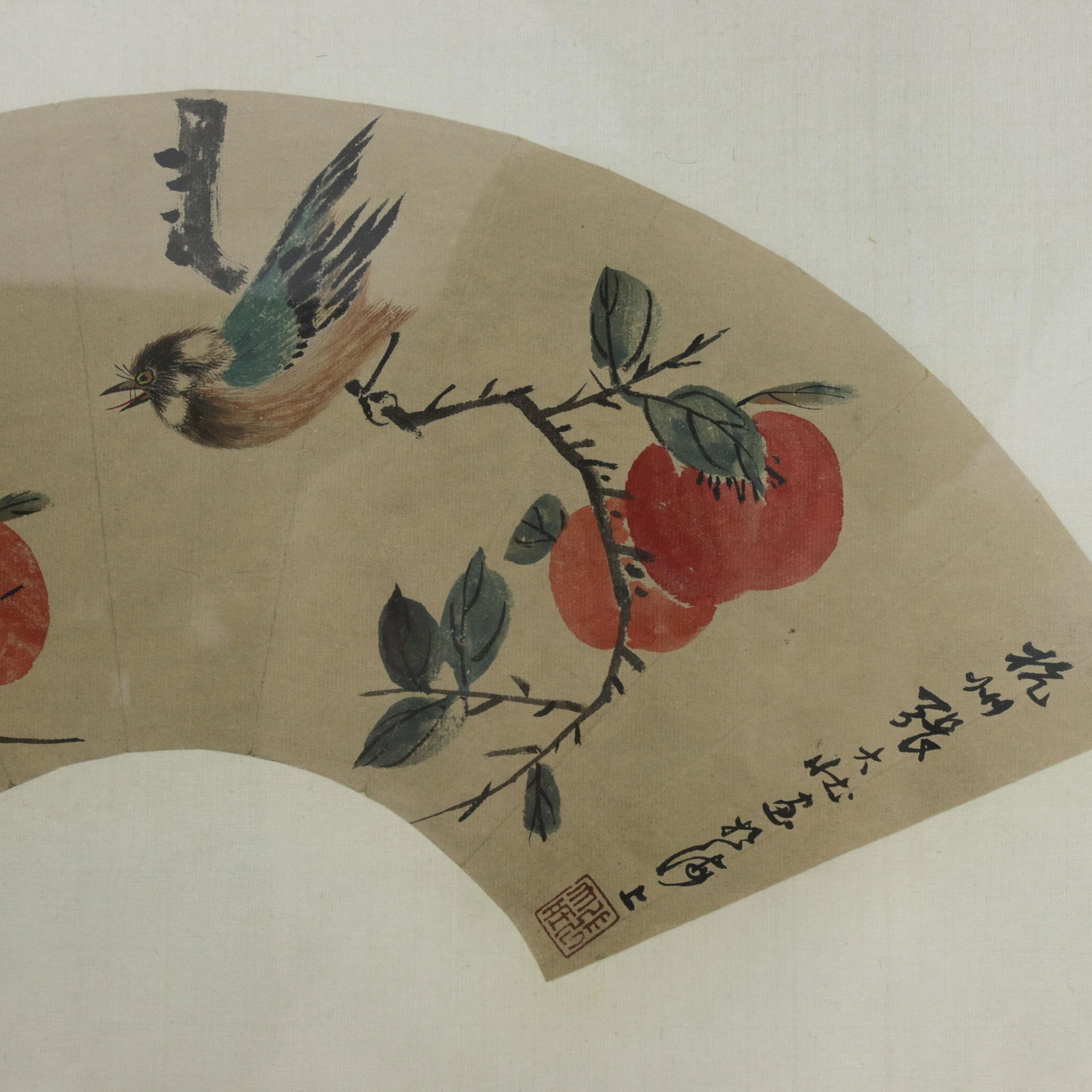 Vintage Chinese Fan Painting Birds and Persimmons Framed Ink and Color on Paper With Calligraphy - 4