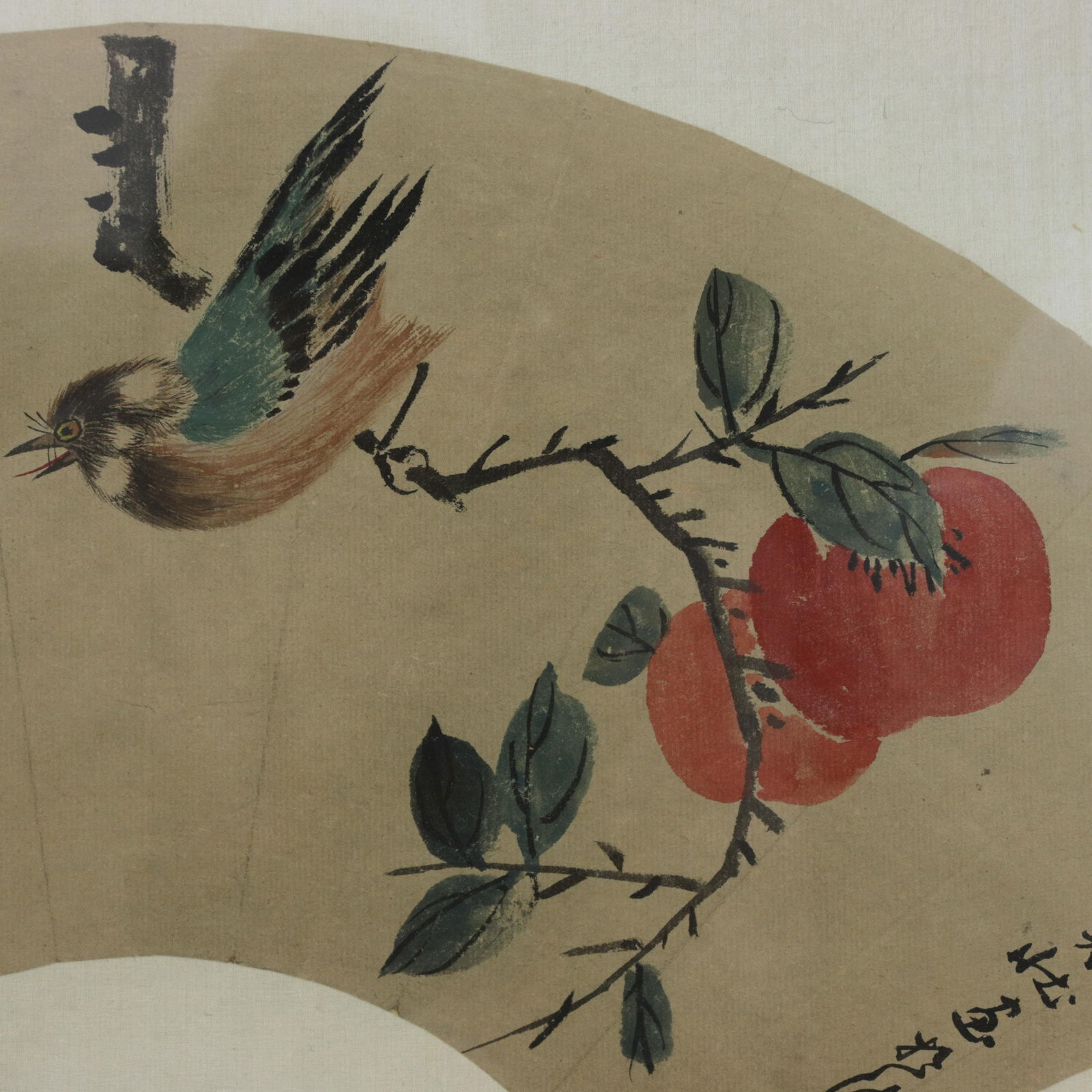 Vintage Chinese Fan Painting Birds and Persimmons Framed Ink and Color on Paper With Calligraphy - 5