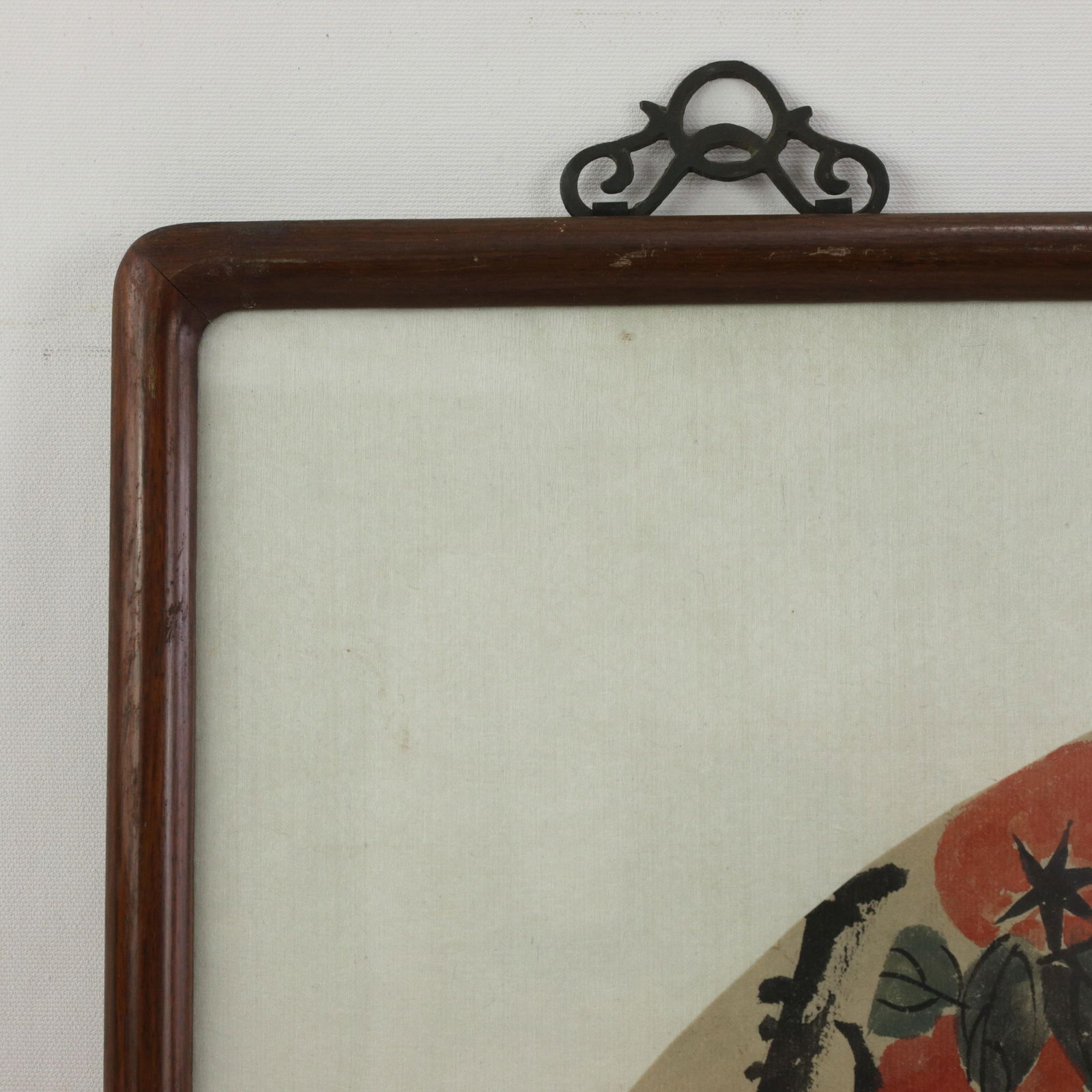 Vintage Chinese Fan Painting Birds and Persimmons Framed Ink and Color on Paper With Calligraphy - 7