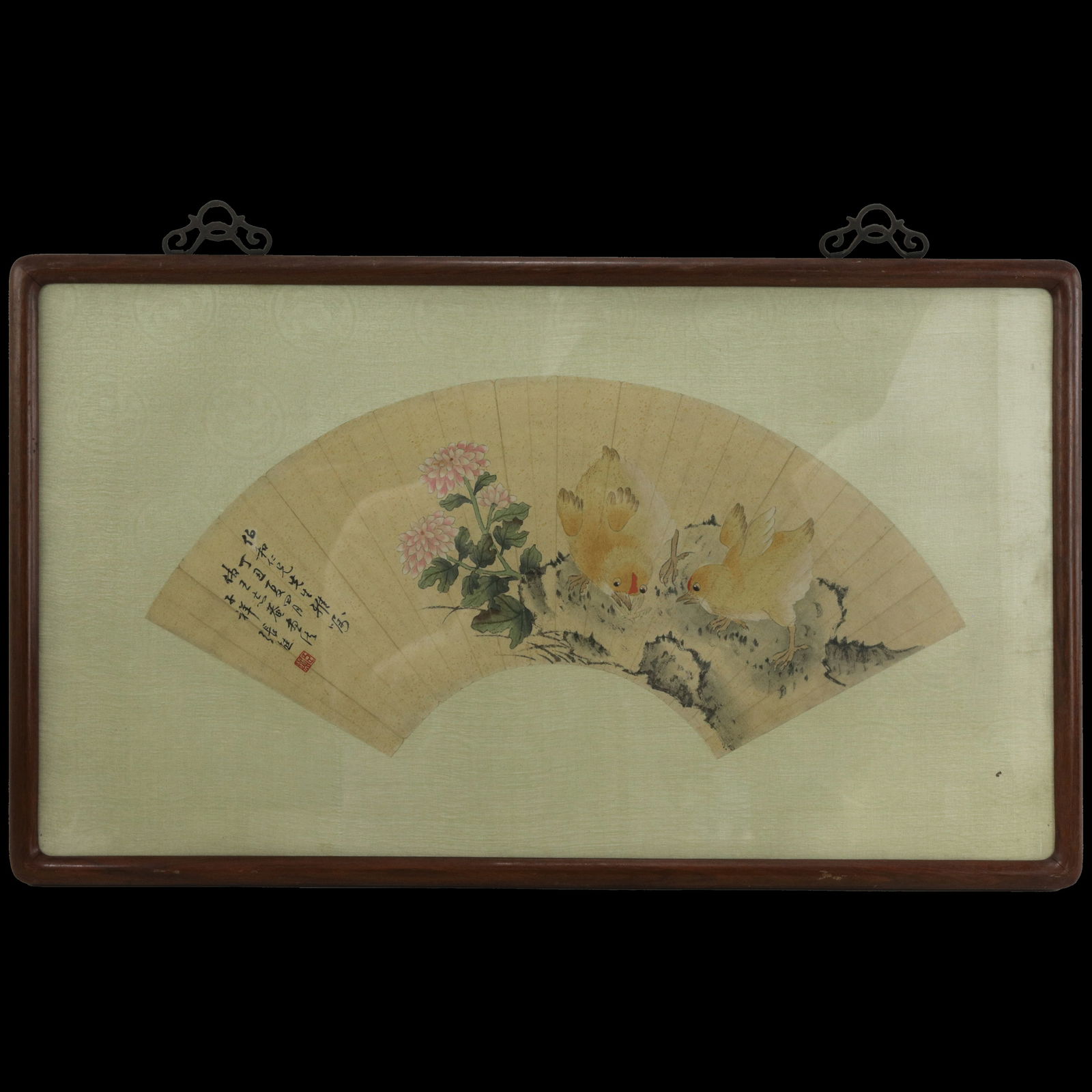 Vintage Chinese Fan Painting Chicks Catching Bugs With Pink Flowers Framed Ink and Color on Paper Wi - 11