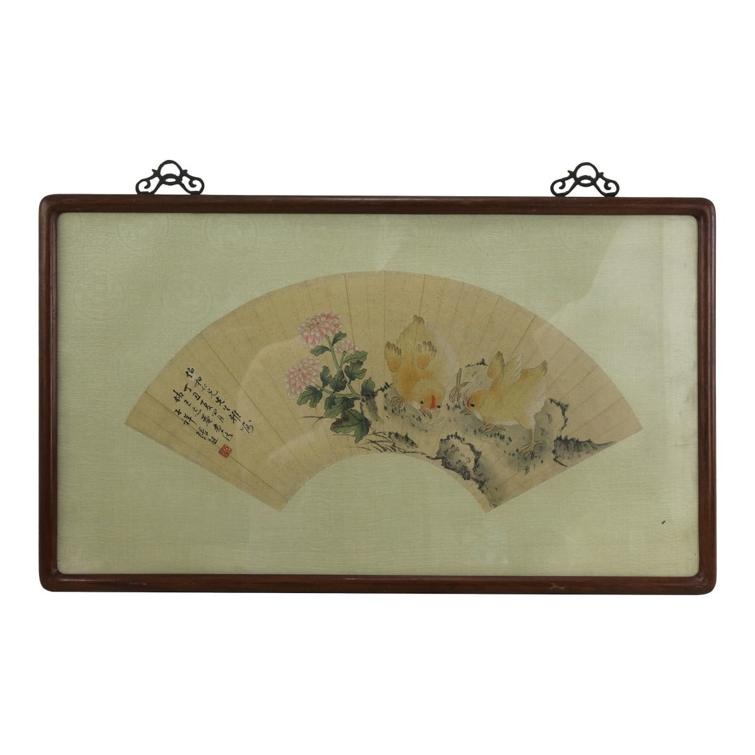 Vintage Chinese Fan Painting Chicks Catching Bugs With Pink Flowers Framed Ink and Color on Paper Wi: This exquisite vintage Chinese fan painting features a charming "Chicks Catching Bugs" composition rendered in ink and color on paper. The artwork depicts two fuzzy yellow chicks foraging near a