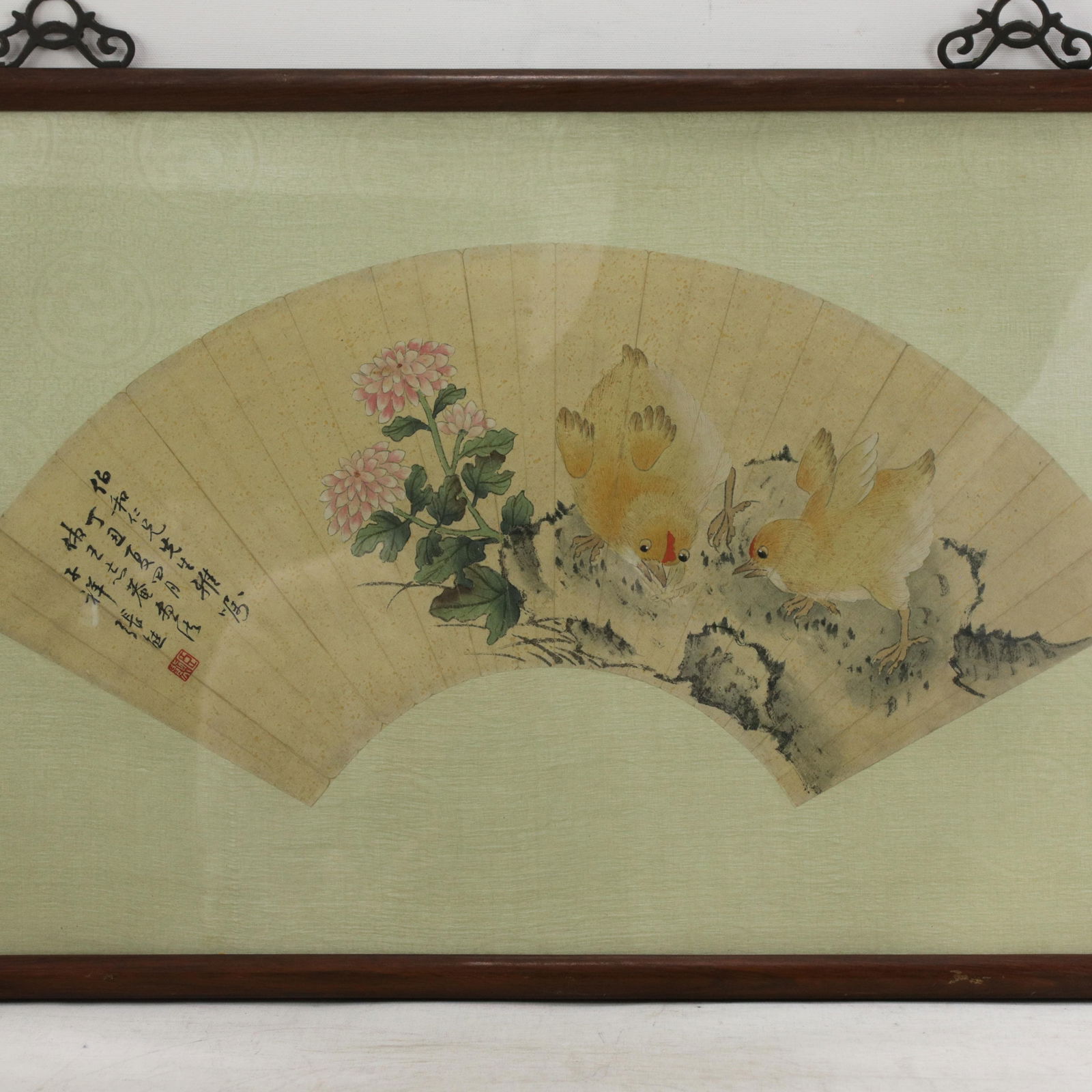 Vintage Chinese Fan Painting Chicks Catching Bugs With Pink Flowers Framed Ink and Color on Paper Wi - 2