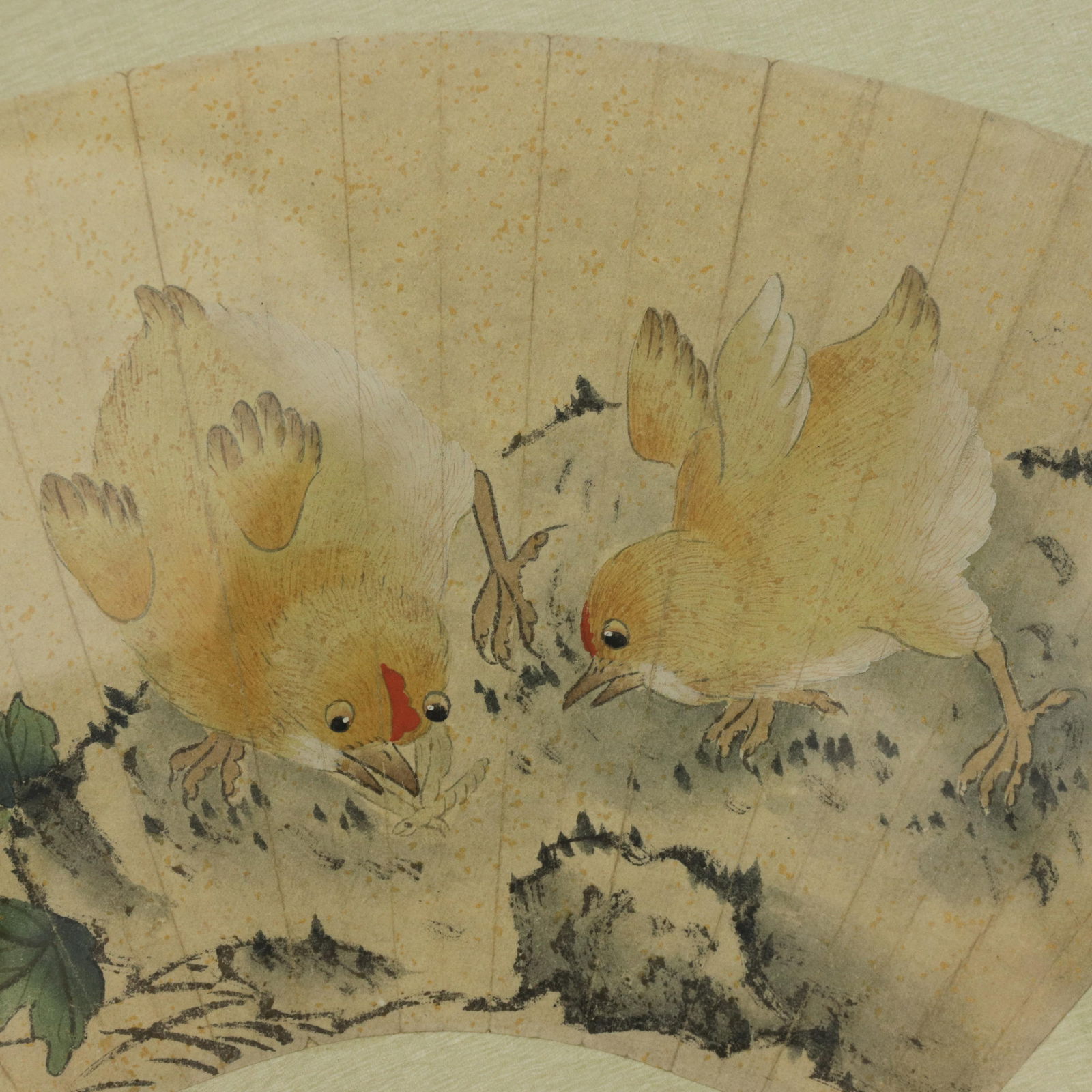 Vintage Chinese Fan Painting Chicks Catching Bugs With Pink Flowers Framed Ink and Color on Paper Wi - 3