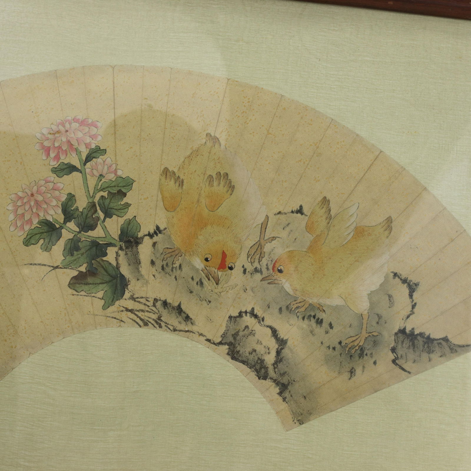 Vintage Chinese Fan Painting Chicks Catching Bugs With Pink Flowers Framed Ink and Color on Paper Wi - 4
