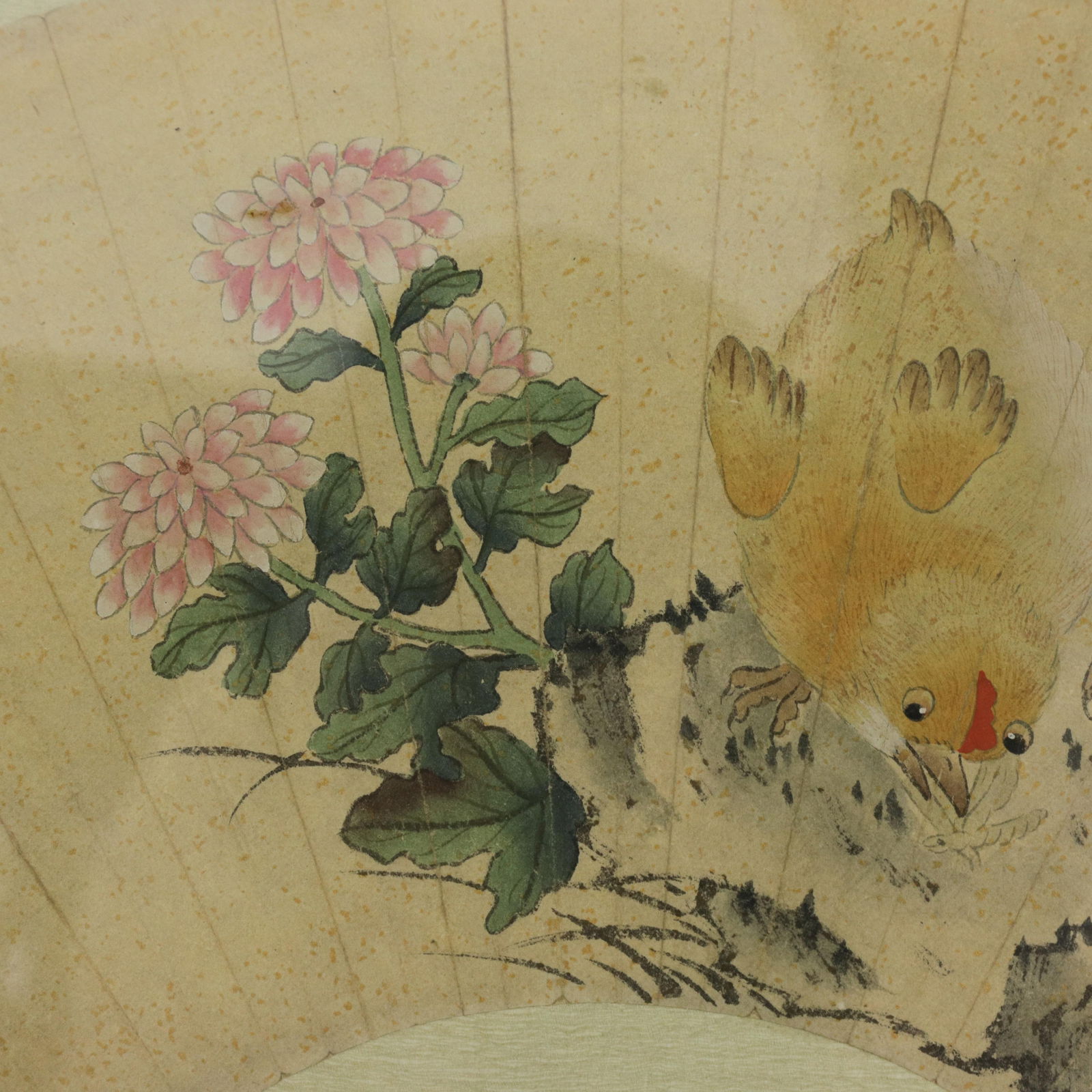 Vintage Chinese Fan Painting Chicks Catching Bugs With Pink Flowers Framed Ink and Color on Paper Wi - 6