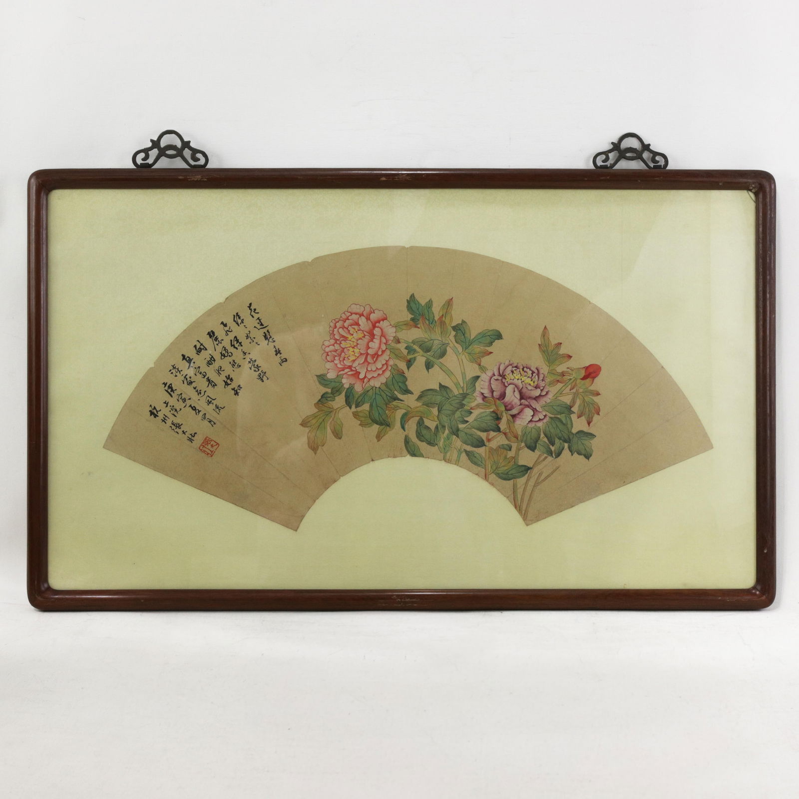 Vintage Chinese Fan Painting Pink and Purple Peony Flowers Framed Ink and Color on Paper With Callig - 11