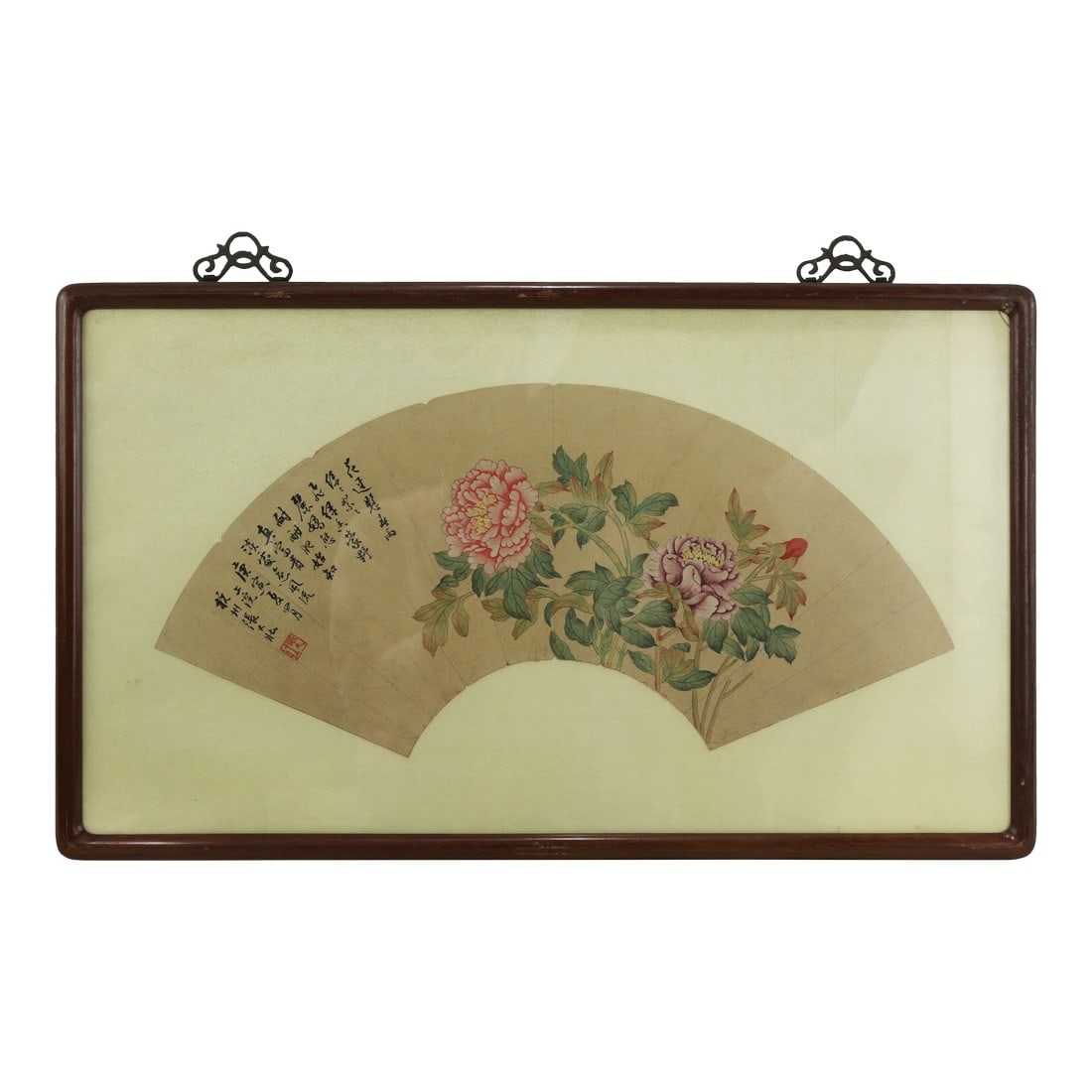 Vintage Chinese Fan Painting Pink and Purple Peony Flowers Framed Ink and Color on Paper With Callig: This exquisite vintage Chinese fan painting features a lush floral composition of pink and purple peonies rendered in ink and color on paper. The artwork depicts the "King of Flowers" in full bloom