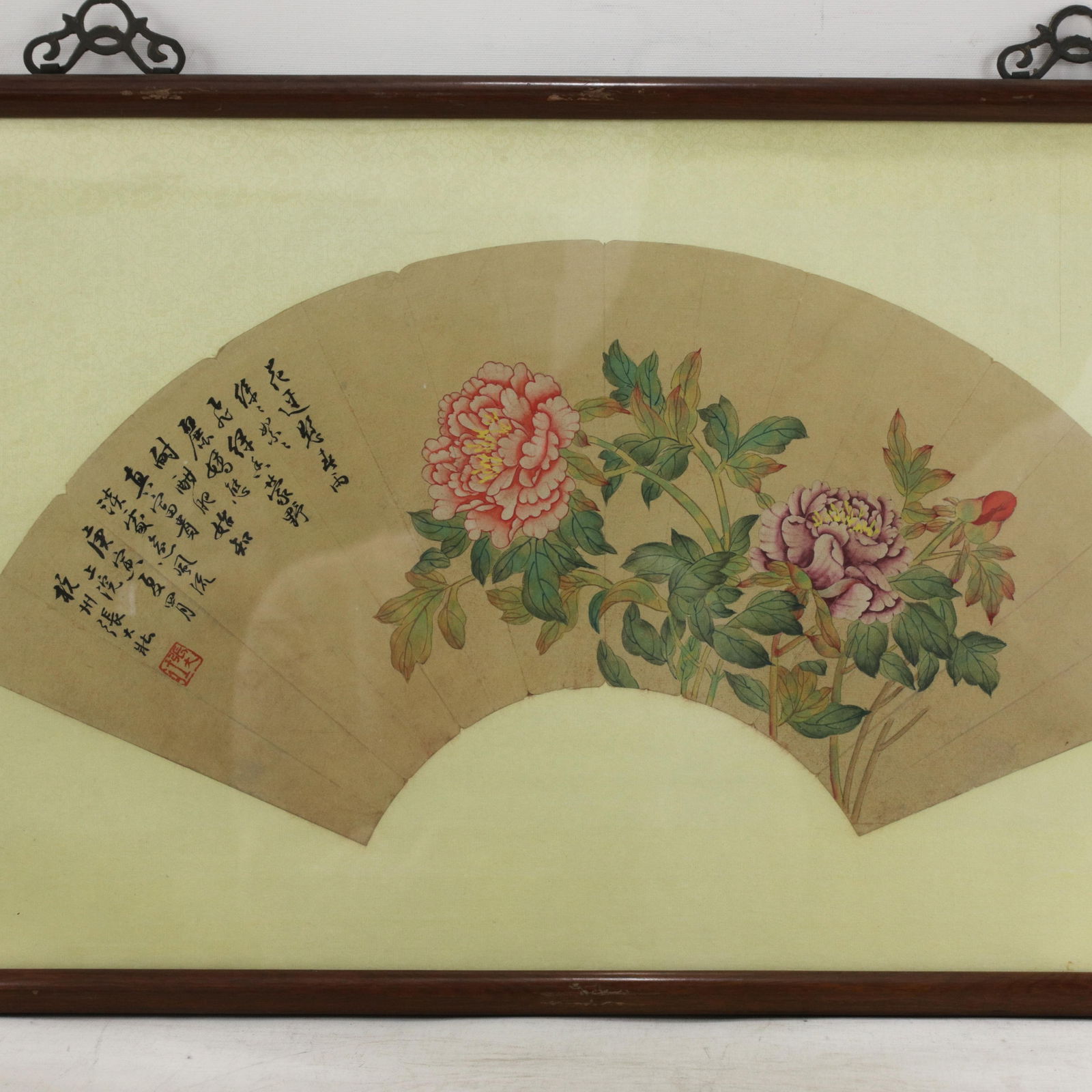 Vintage Chinese Fan Painting Pink and Purple Peony Flowers Framed Ink and Color on Paper With Callig - 2
