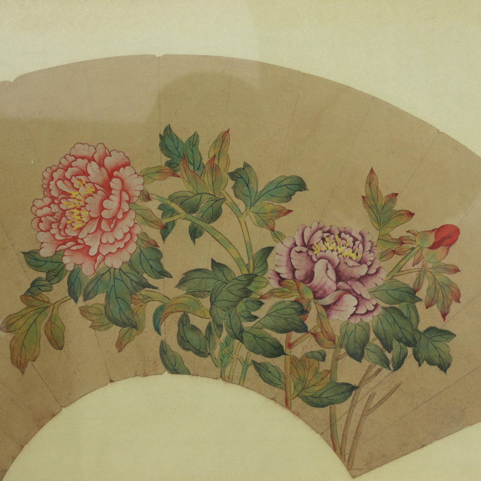 Vintage Chinese Fan Painting Pink and Purple Peony Flowers Framed Ink and Color on Paper With Callig - 3