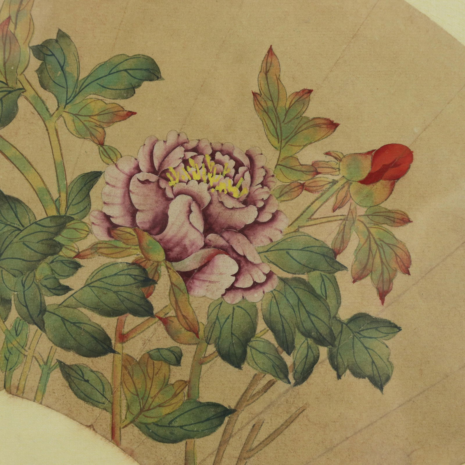 Vintage Chinese Fan Painting Pink and Purple Peony Flowers Framed Ink and Color on Paper With Callig - 6