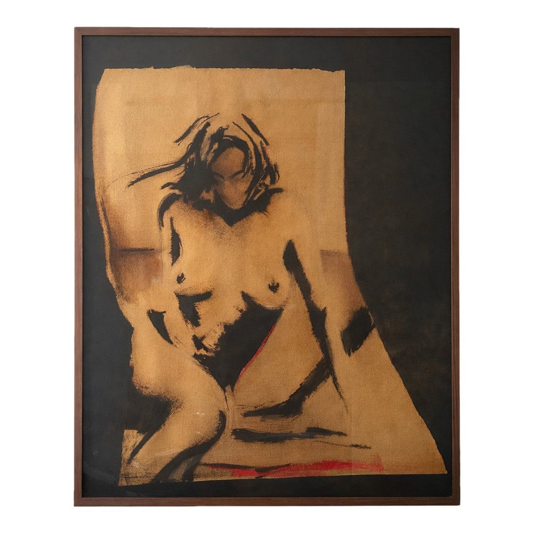 Greg Lauren Figurative Nude Mixed Media on Paper, Framed: Original mixed-media figurative artwork on paper by Greg Lauren, nephew of Ralph Lauren featuring an expressive abstract female nude rendered in bold black line and subtle red accents. This piece is p