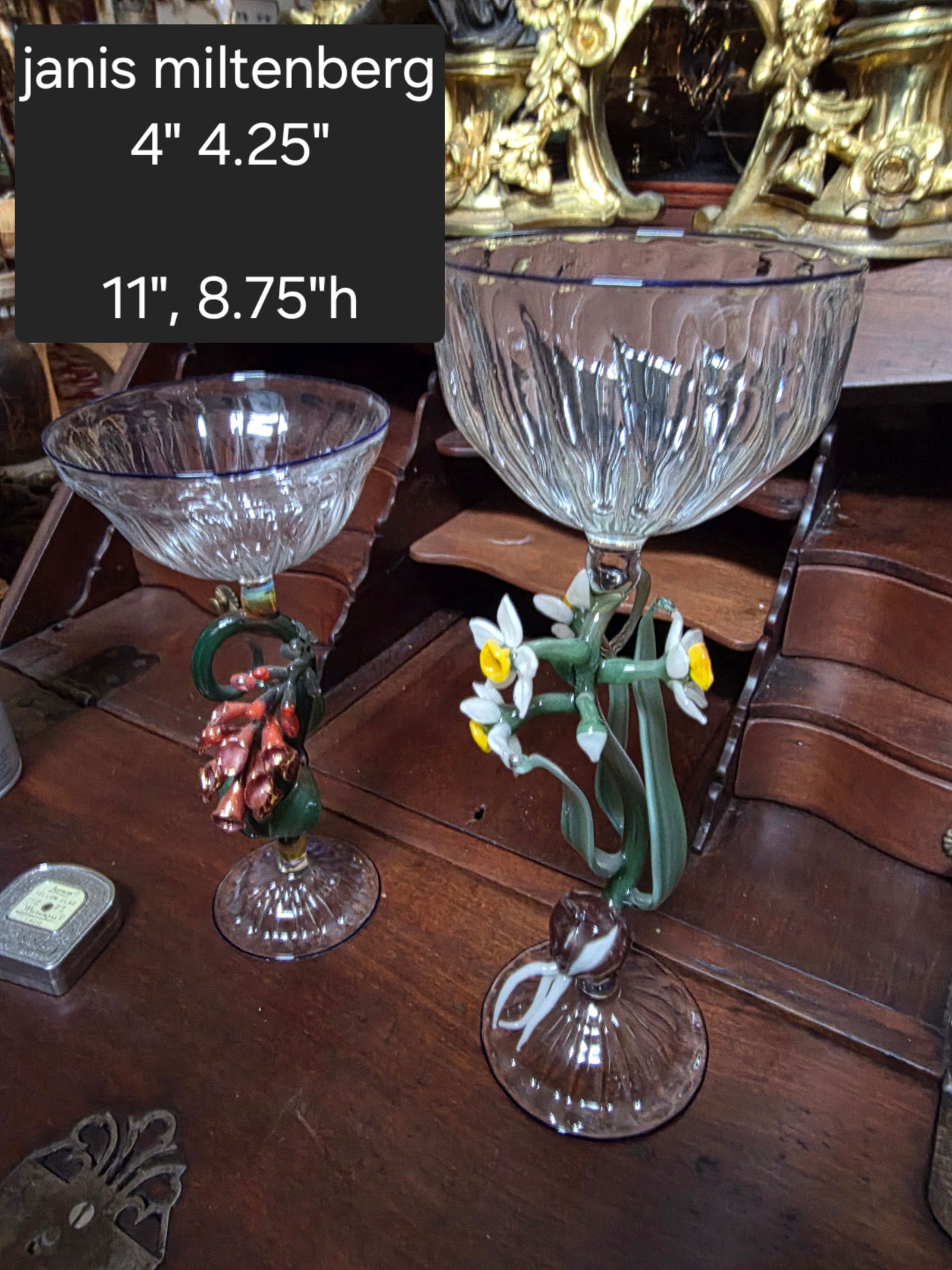 Two Janis Miltenberger Art Glass Flower Goblets - 6