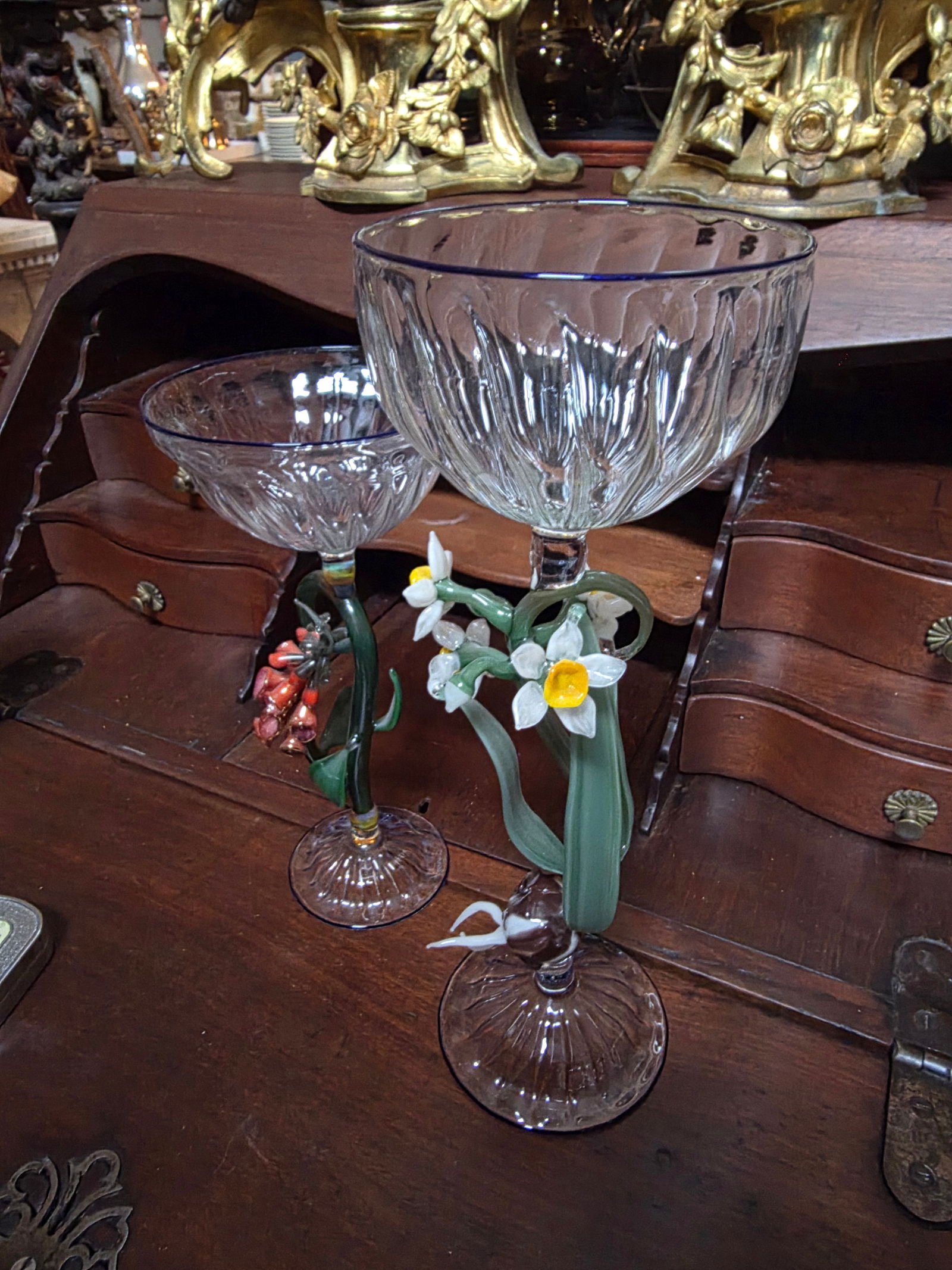 Two Janis Miltenberger Art Glass Flower Goblets - 7