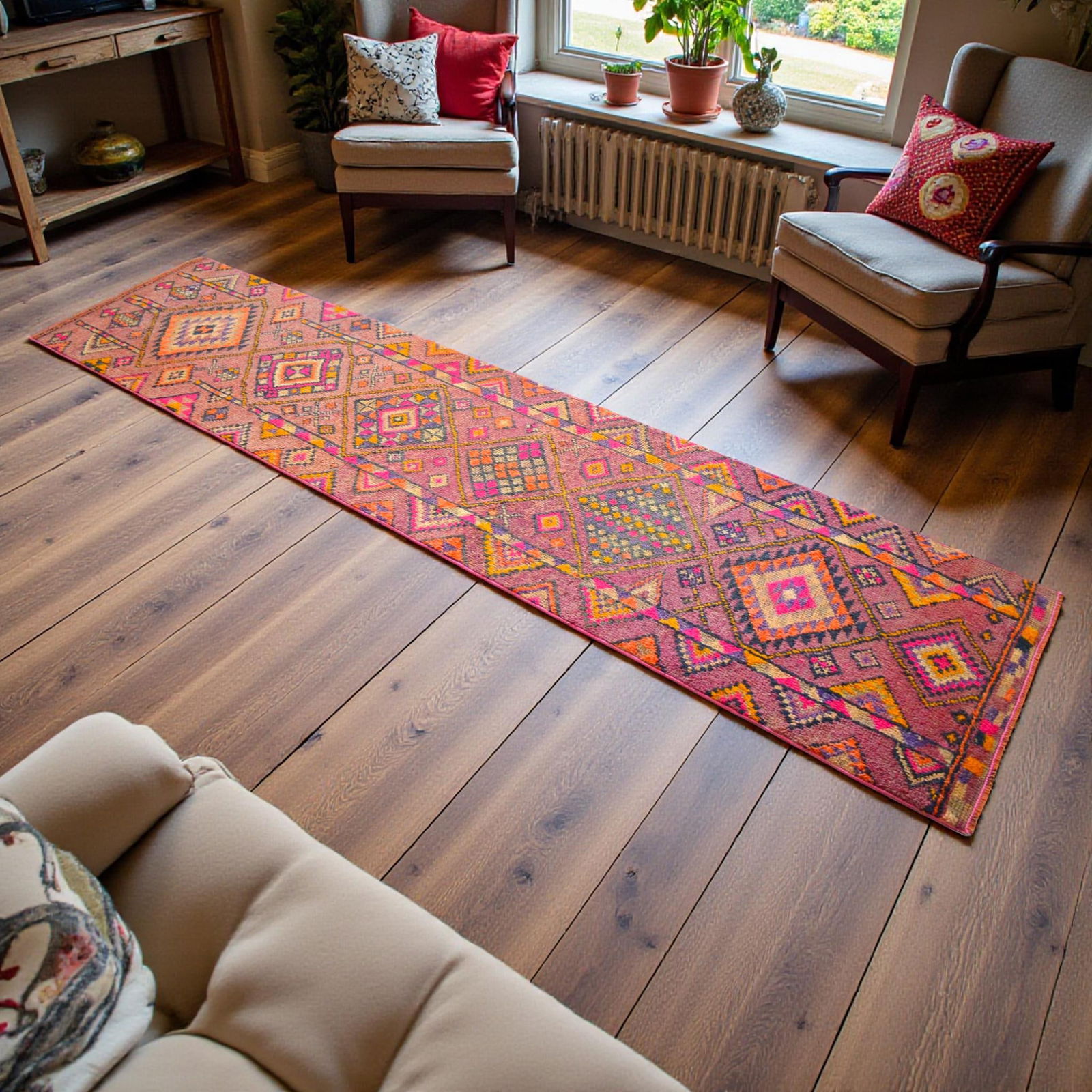 1950s Runner Rug Turkish Hand-Knotted Rug Pink Hallway Decor Kitchen Runner 3x11 Ft Approx - 2