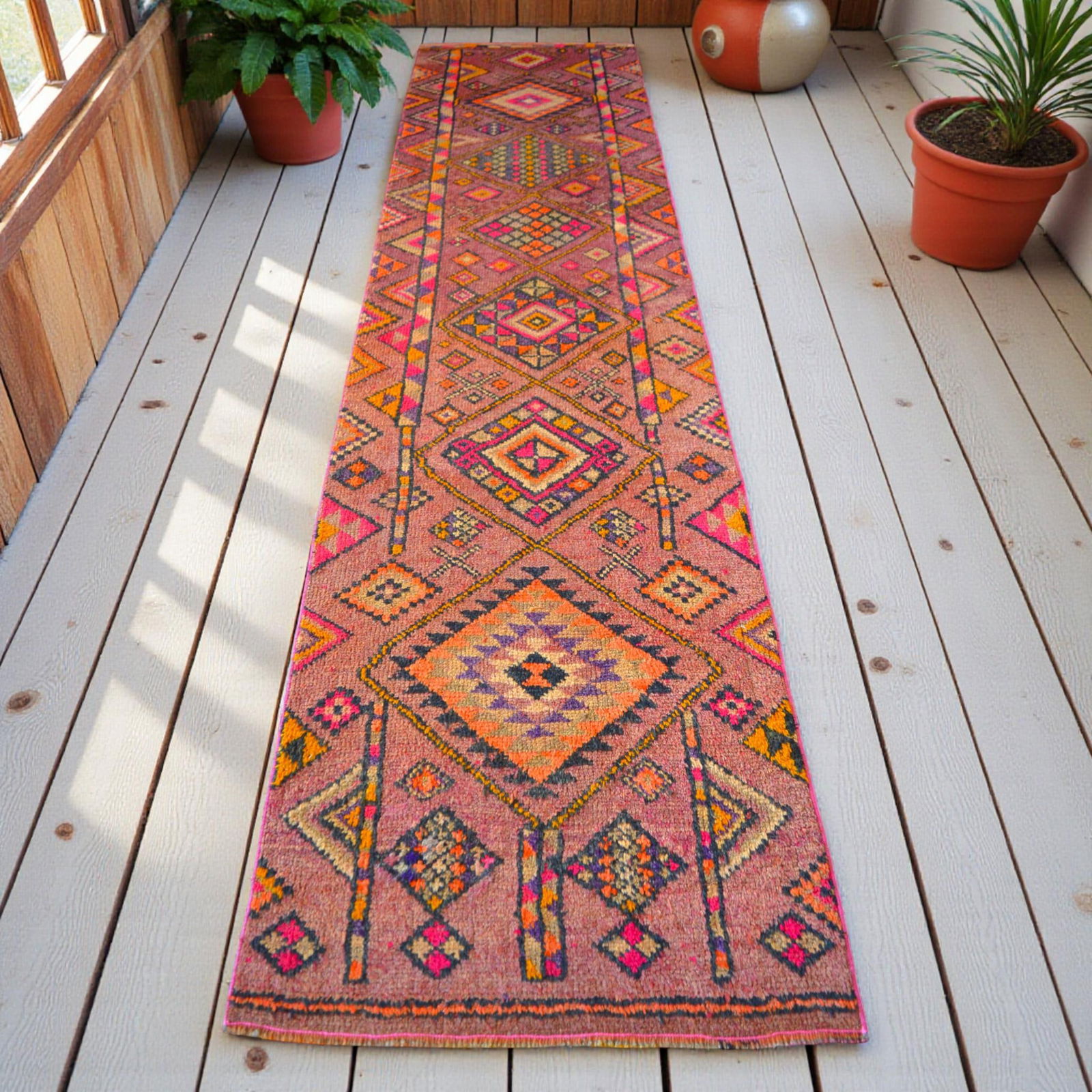 1950s Runner Rug Turkish Hand-Knotted Rug Pink Hallway Decor Kitchen Runner 3x11 Ft Approx - 3