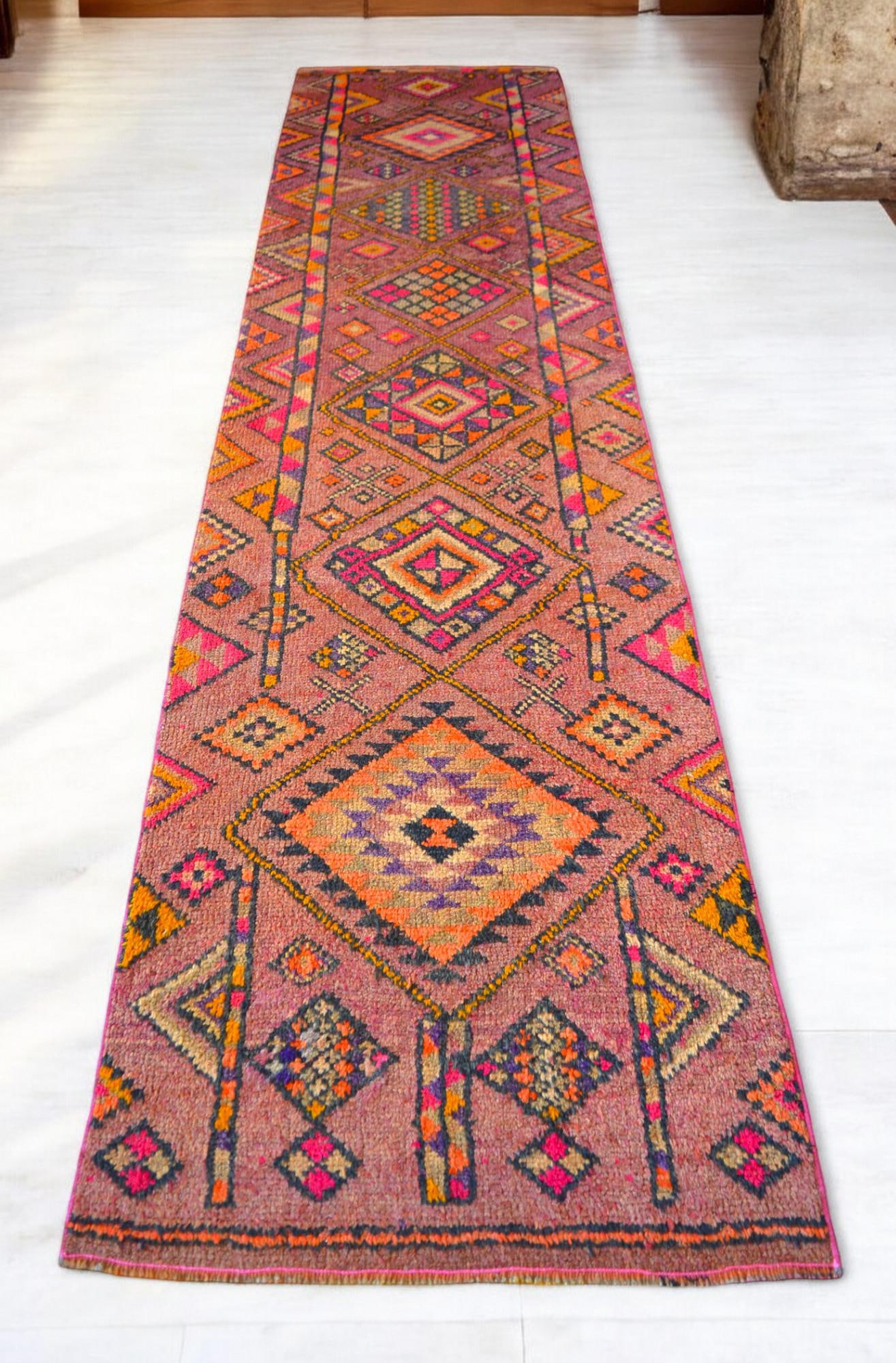 1950s Runner Rug Turkish Hand-Knotted Rug Pink Hallway Decor Kitchen Runner 3x11 Ft Approx - 5