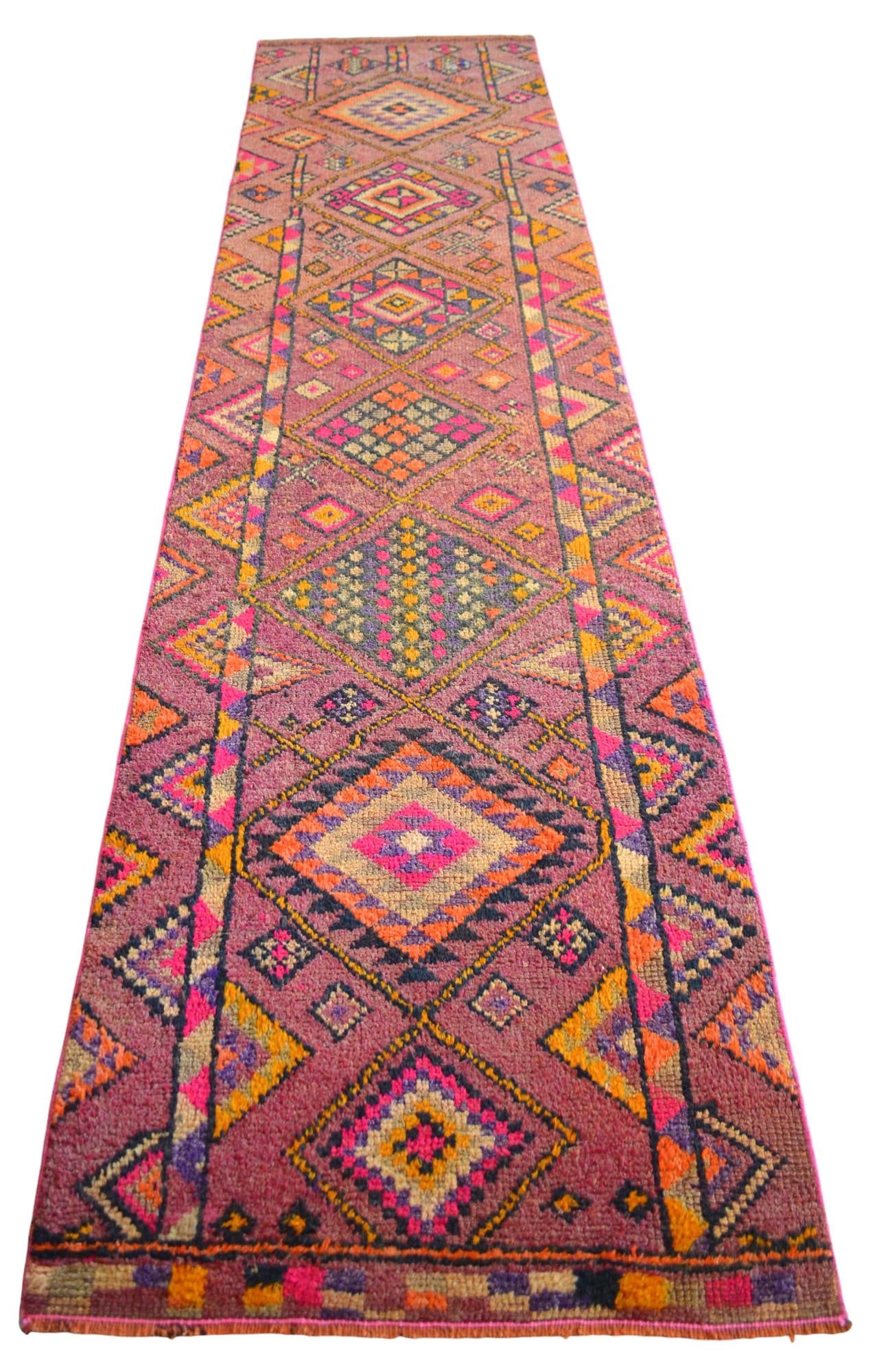 1950s Runner Rug Turkish Hand-Knotted Rug Pink Hallway Decor Kitchen Runner 3x11 Ft Approx - 7