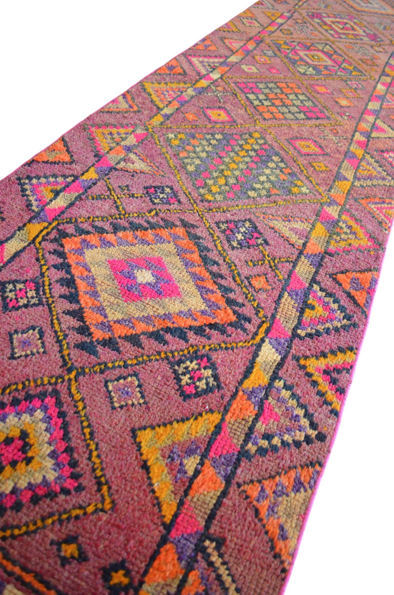 1950s Runner Rug Turkish Hand-Knotted Rug Pink Hallway Decor Kitchen Runner 3x11 Ft Approx - 9