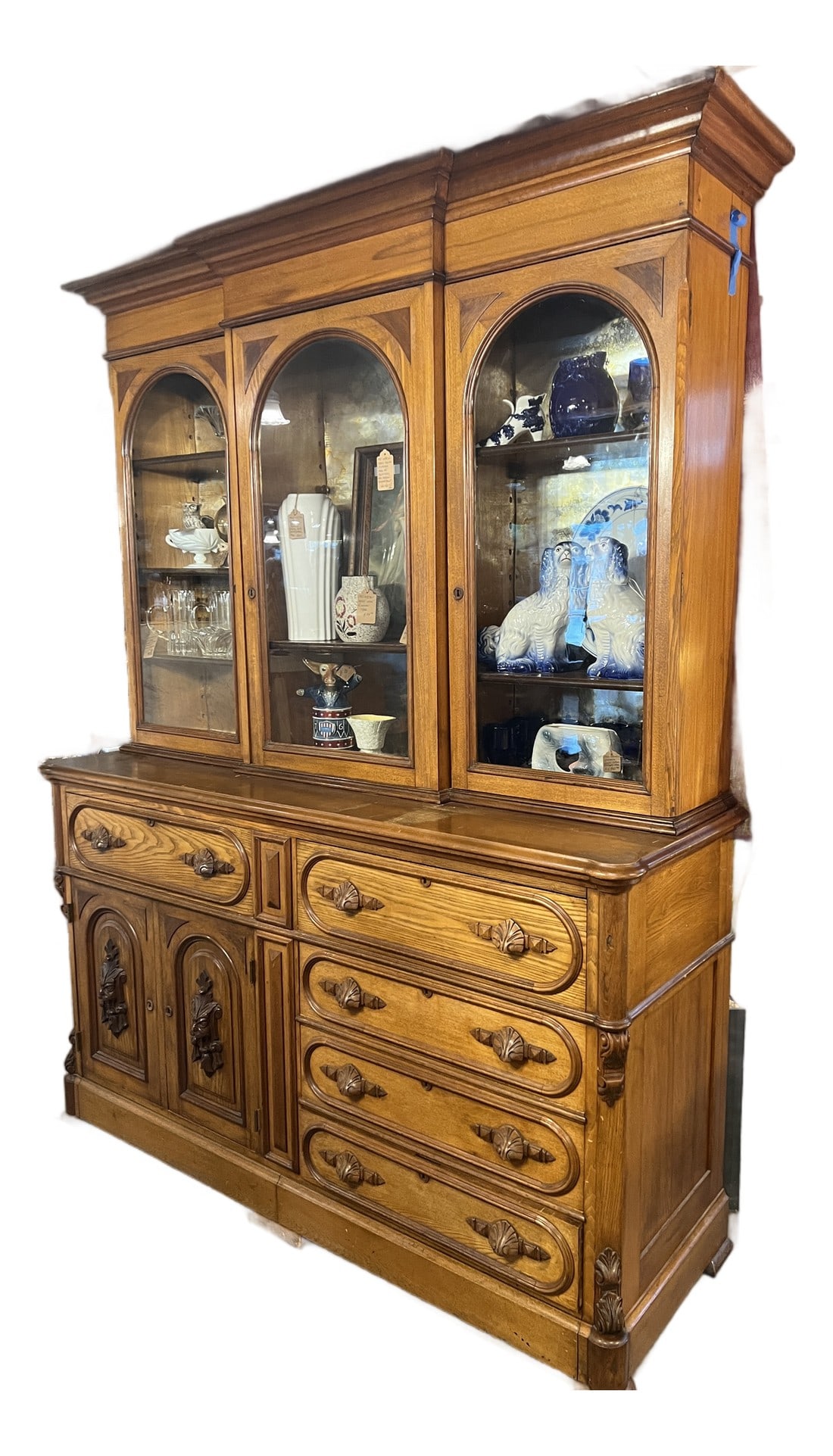 1920s American Jacobean Revival Oak Secretary China Cabinet Hutch With Hidden Prohibition Compartmen (1 of 11)