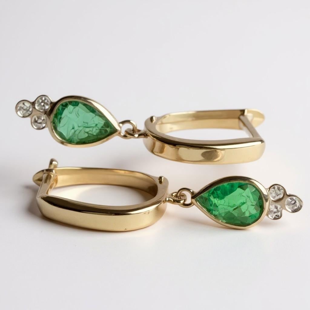 14k Yellow Gold Hoop Earrings With Pear-Shaped Emeralds and Diamond Accents, A Pair - 11