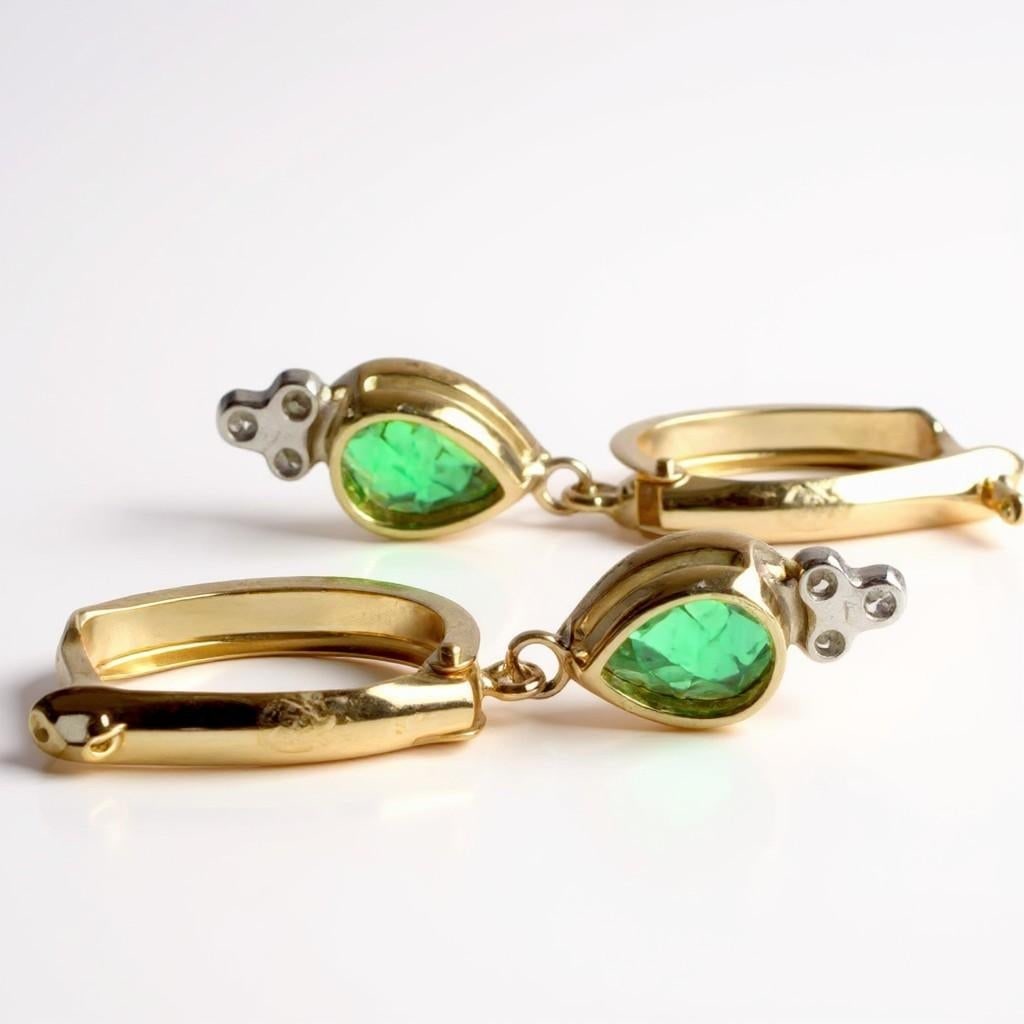 14k Yellow Gold Hoop Earrings With Pear-Shaped Emeralds and Diamond Accents, A Pair - 13