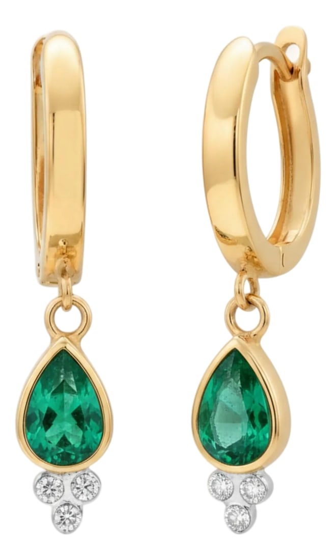 14k Yellow Gold Hoop Earrings With Pear-Shaped Emeralds and Diamond Accents, A Pair: Handcrafted in the heart of New York City's legendary diamond district, these 14K yellow gold European lever-back hoop earrings showcase the elegance of fine gemstone jewelry. Suspended gracefully