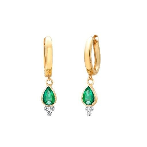 14k Yellow Gold Hoop Earrings With Pear-Shaped Emeralds and Diamond Accents, A Pair - 3