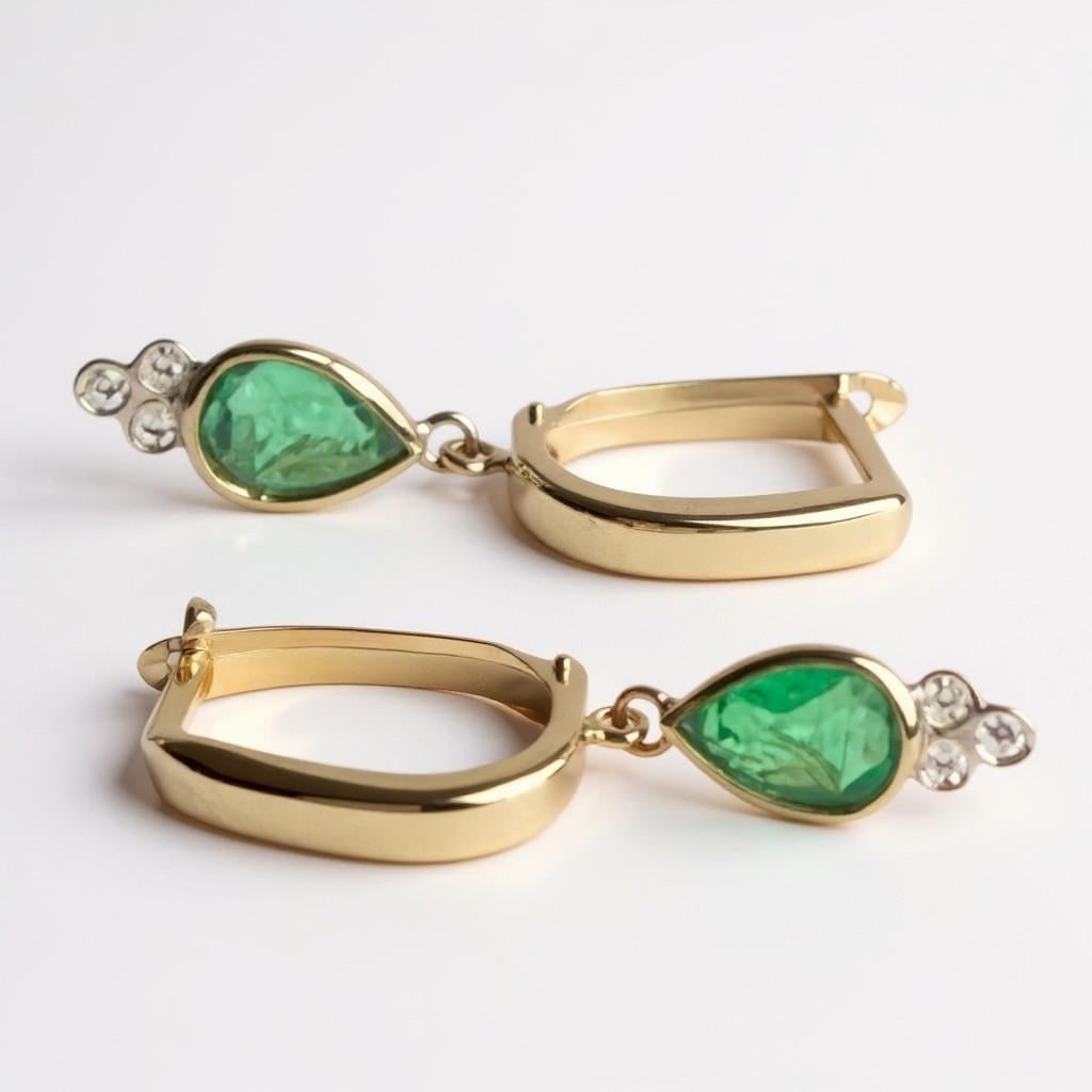 14k Yellow Gold Hoop Earrings With Pear-Shaped Emeralds and Diamond Accents, A Pair - 7