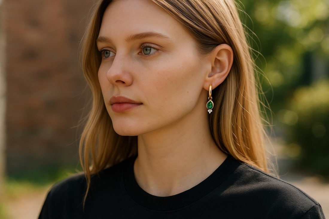 14k Yellow Gold Hoop Earrings With Pear-Shaped Emeralds and Diamond Accents, A Pair - 8
