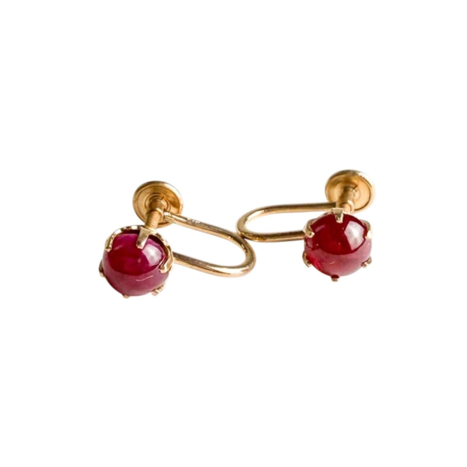 Vintage 14k Yellow Gold Cabochon Ruby Screw-Back Earrings, A Pair - 9