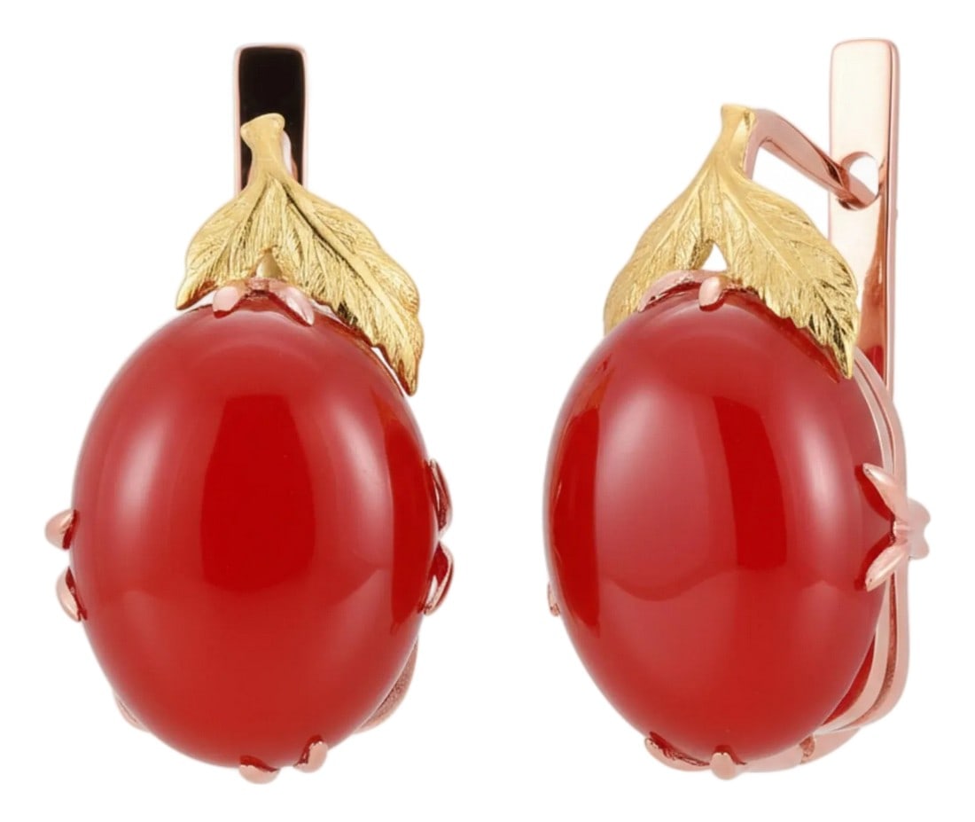 14k Rose Yellow Gold Floral Earrings Natural Carnelian Cabochons 20.40 Carats, A Pair: Elevate your look with these exquisitely crafted 14K rose and yellow gold hoop earrings, designed with delicate floral and leaf motifs that wrap gracefully around the ear. A beautifully sculpted pair