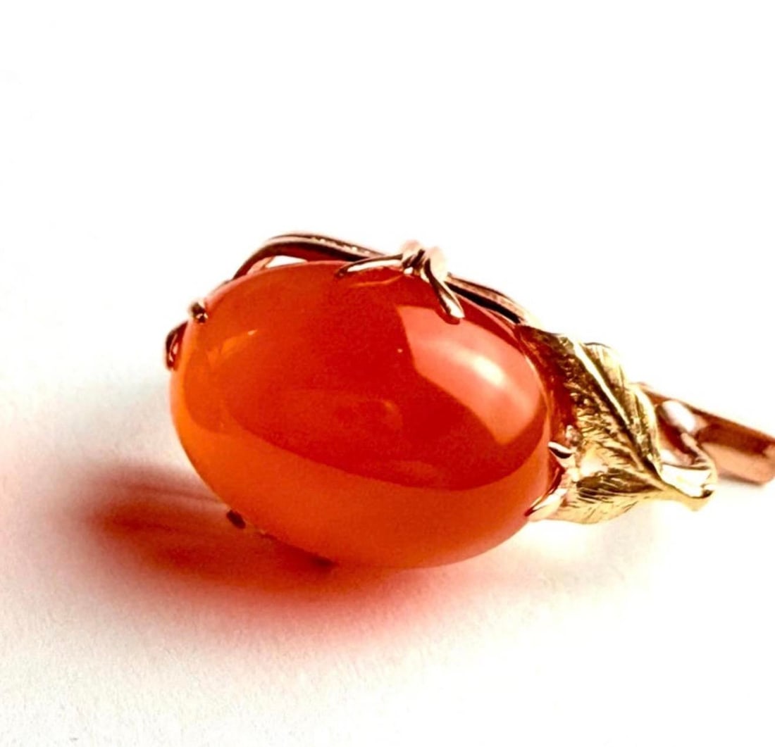 14k Rose Yellow Gold Floral Earrings Natural Carnelian Cabochons 20.40 Carats, A Pair - 3