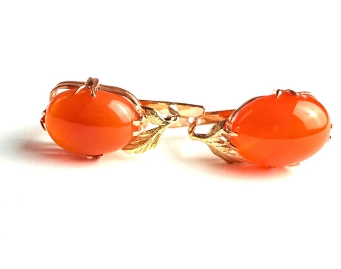 14k Rose Yellow Gold Floral Earrings Natural Carnelian Cabochons 20.40 Carats, A Pair - 4
