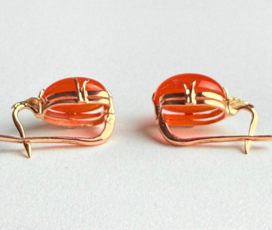14k Rose Yellow Gold Floral Earrings Natural Carnelian Cabochons 20.40 Carats, A Pair - 7