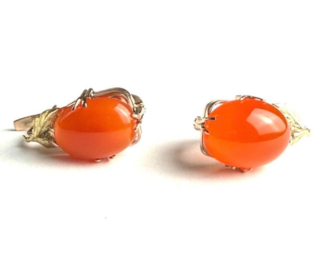14k Rose Yellow Gold Floral Earrings Natural Carnelian Cabochons 20.40 Carats, A Pair - 9