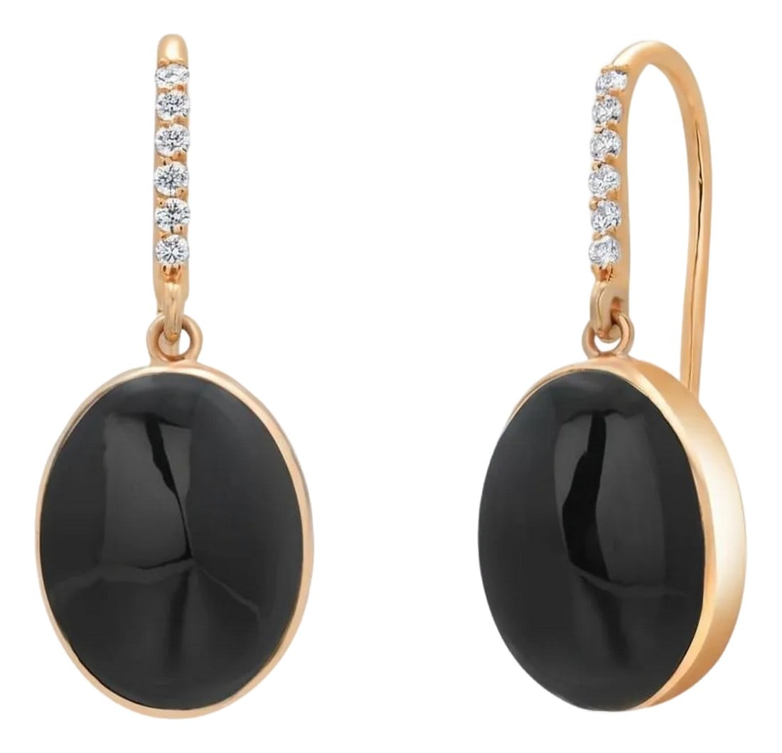 Bold 14k Yellow Gold Black Onyx 20 Carat Diamond Hoop Dangle 1.5 Inch Earrings, A Pair: Make a statement with these striking long dangle earrings crafted in 14K yellow gold. Each earring features a bezel-set pair of genuine cabochon Black Onyx, totaling 20.00 carats and measuring 16 x