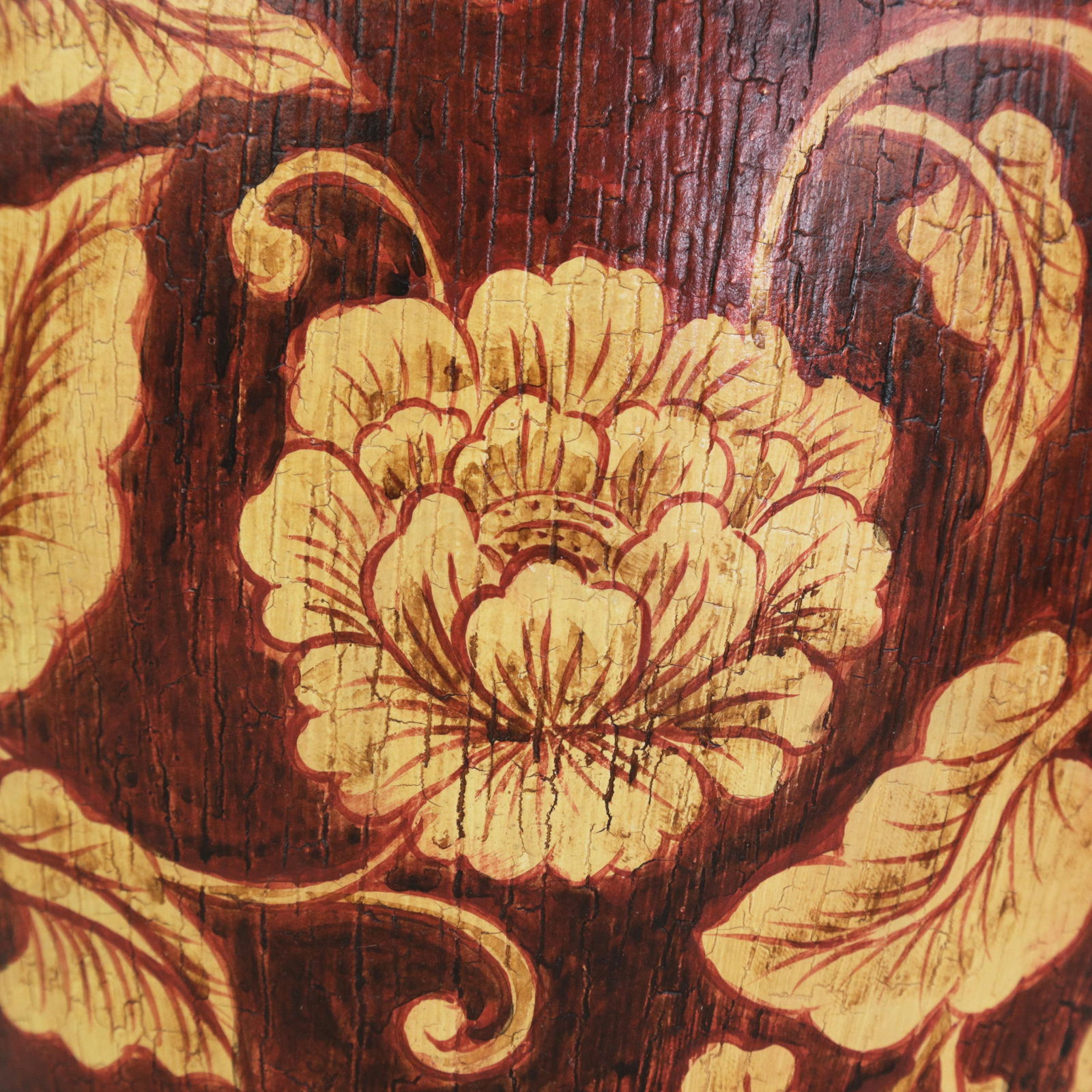 Vintage Hand Painted Brown and Cream Floral Ceramic Table Lamp With Peony Motif and Wood Base - 12