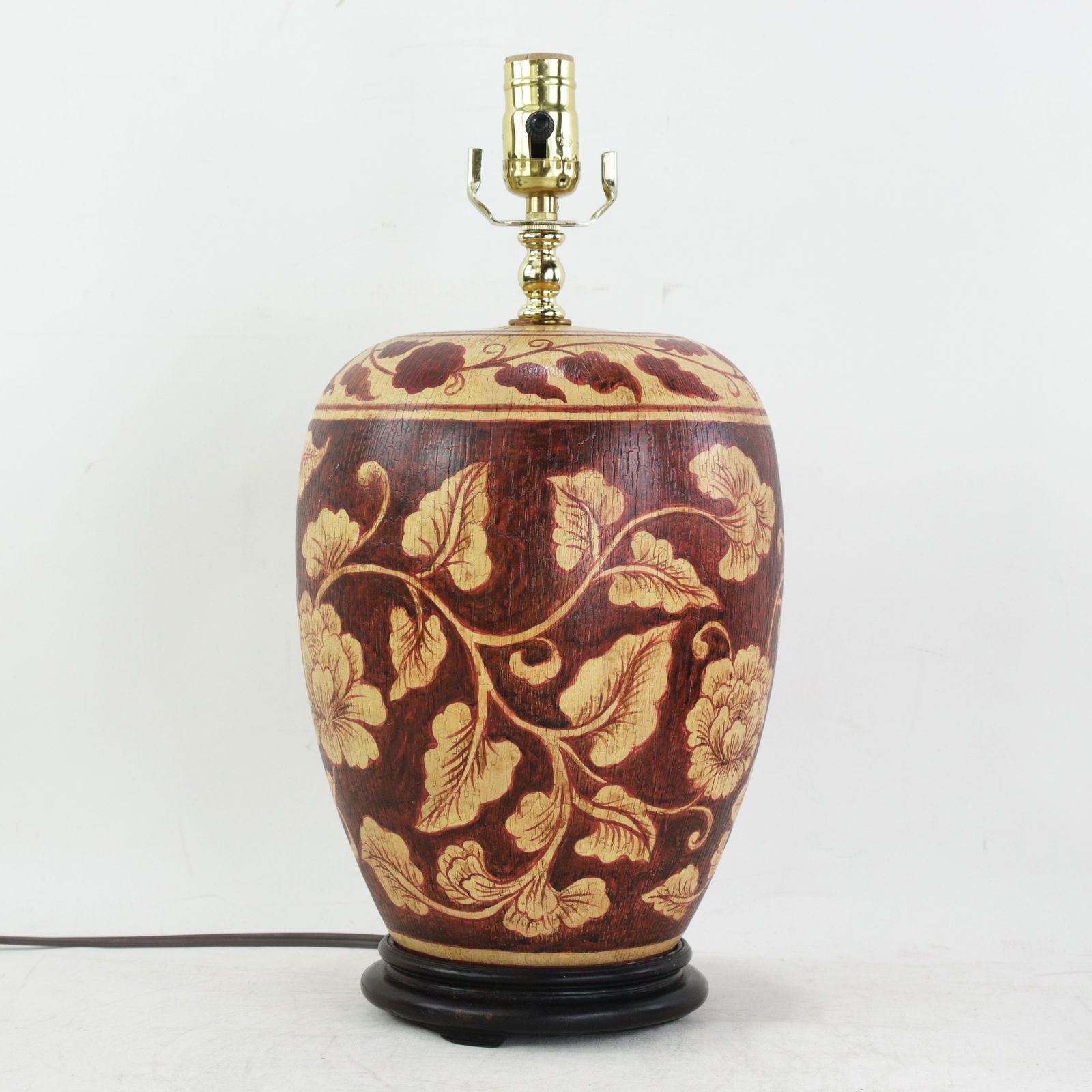 Vintage Hand Painted Brown and Cream Floral Ceramic Table Lamp With Peony Motif and Wood Base - 13