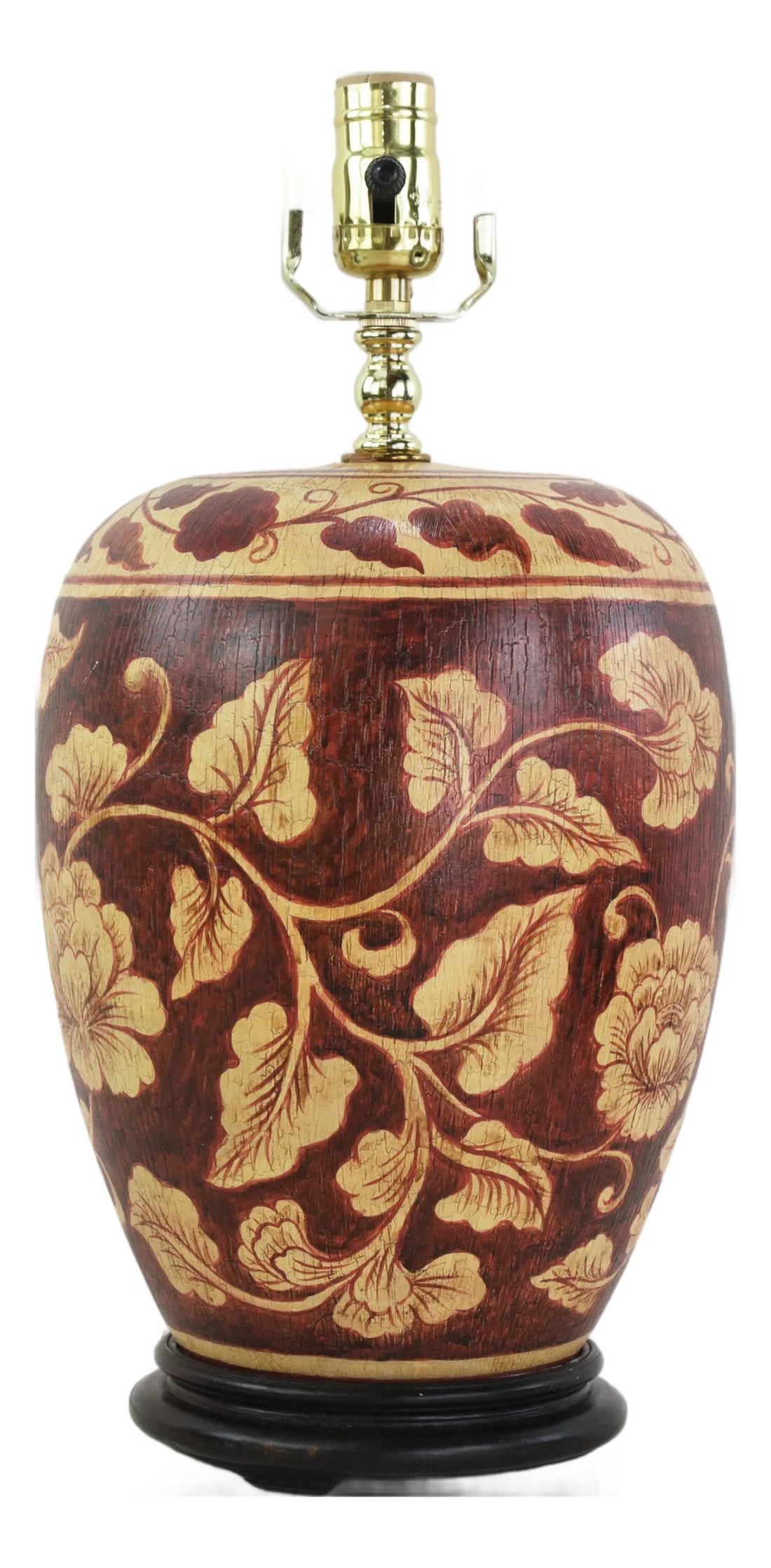 Vintage Hand Painted Brown and Cream Floral Ceramic Table Lamp With Peony Motif and Wood Base: This striking vintage table lamp features a classic ovoid ceramic body meticulously hand-painted with a traditional floral design in rich chocolate-brown and cream tones. The bold composition
