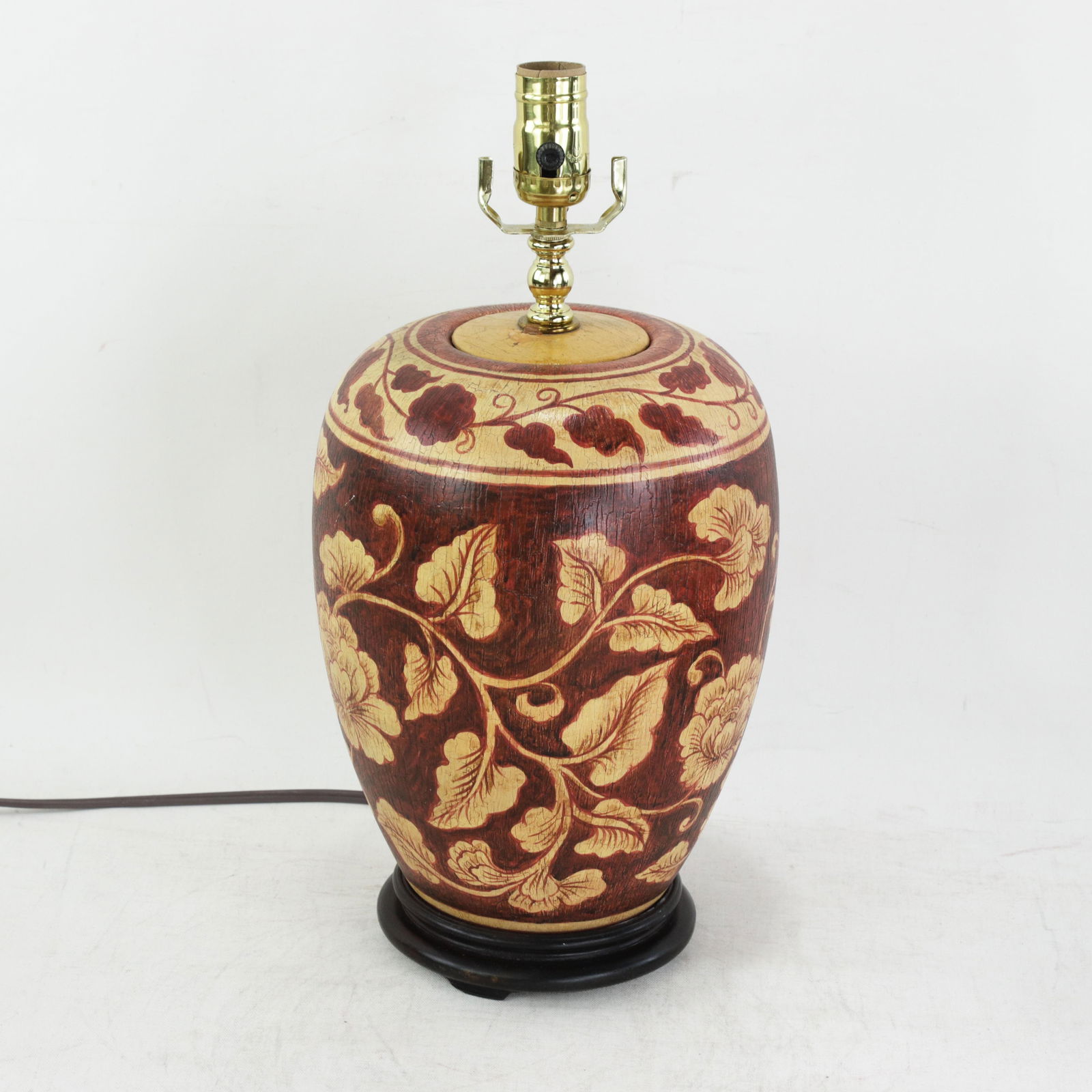 Vintage Hand Painted Brown and Cream Floral Ceramic Table Lamp With Peony Motif and Wood Base - 2