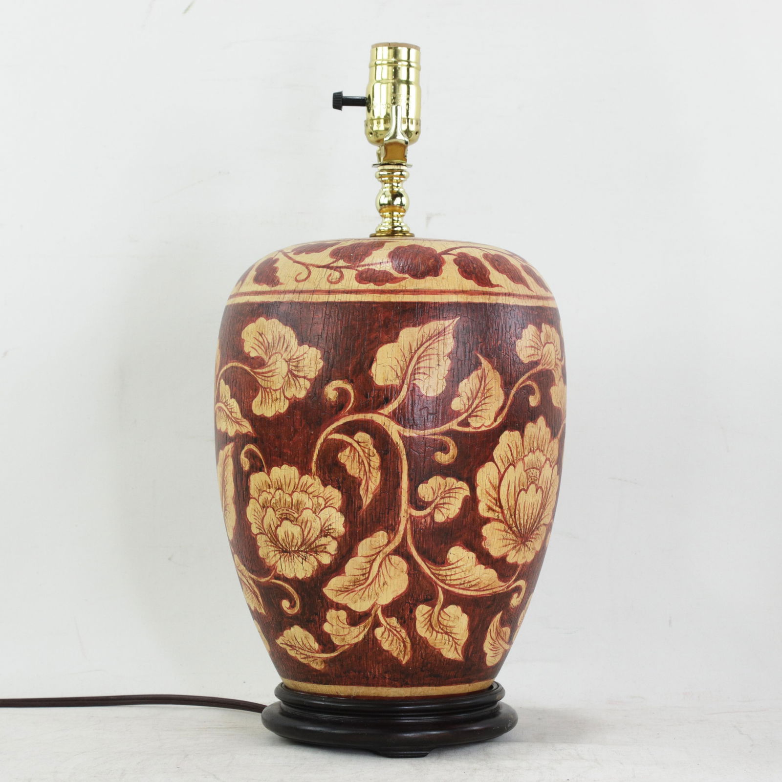 Vintage Hand Painted Brown and Cream Floral Ceramic Table Lamp With Peony Motif and Wood Base - 3
