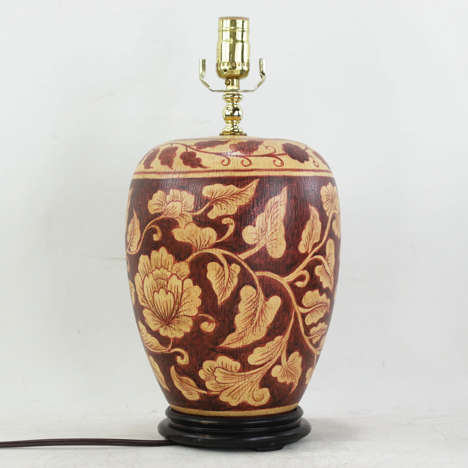 Vintage Hand Painted Brown and Cream Floral Ceramic Table Lamp With Peony Motif and Wood Base - 4