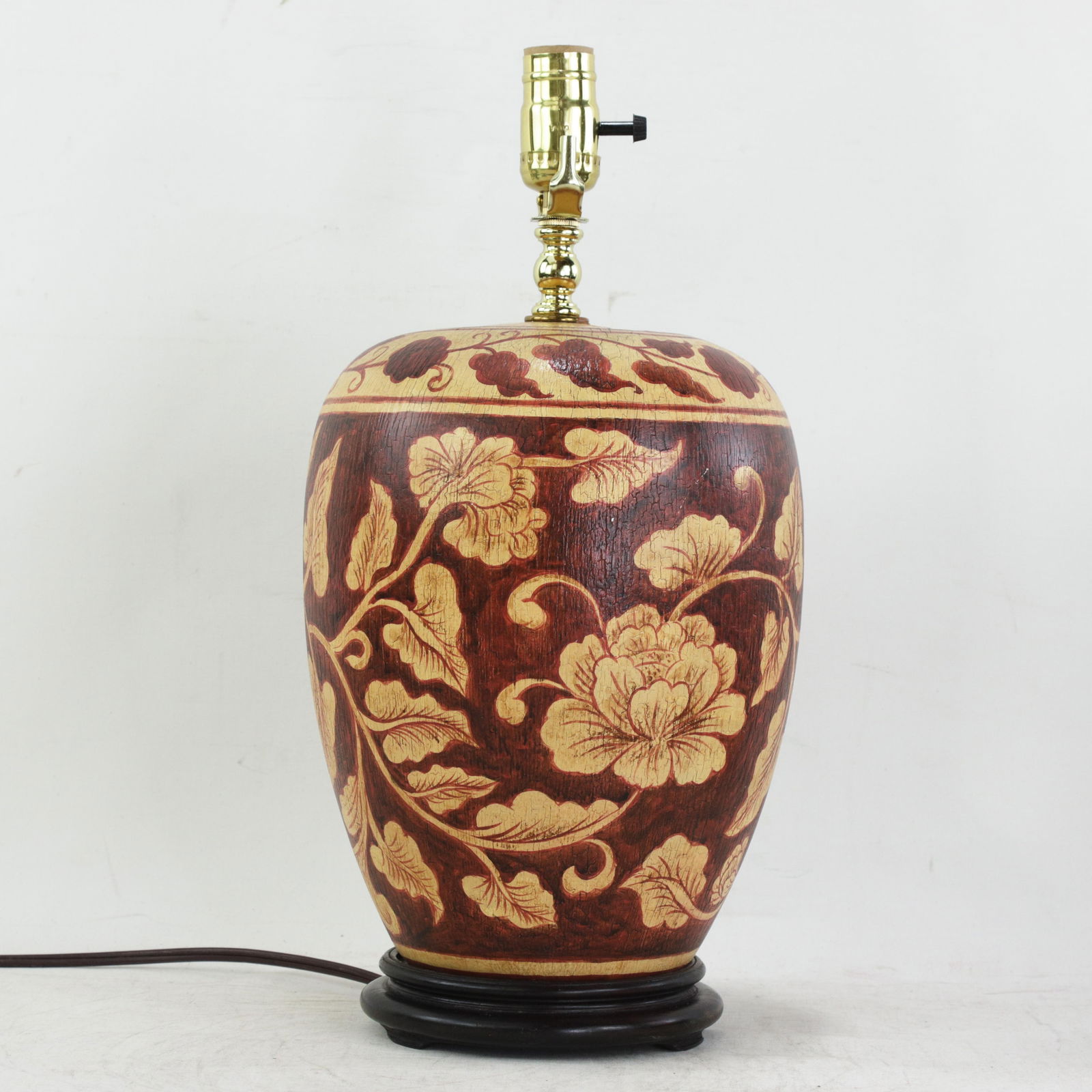 Vintage Hand Painted Brown and Cream Floral Ceramic Table Lamp With Peony Motif and Wood Base - 5