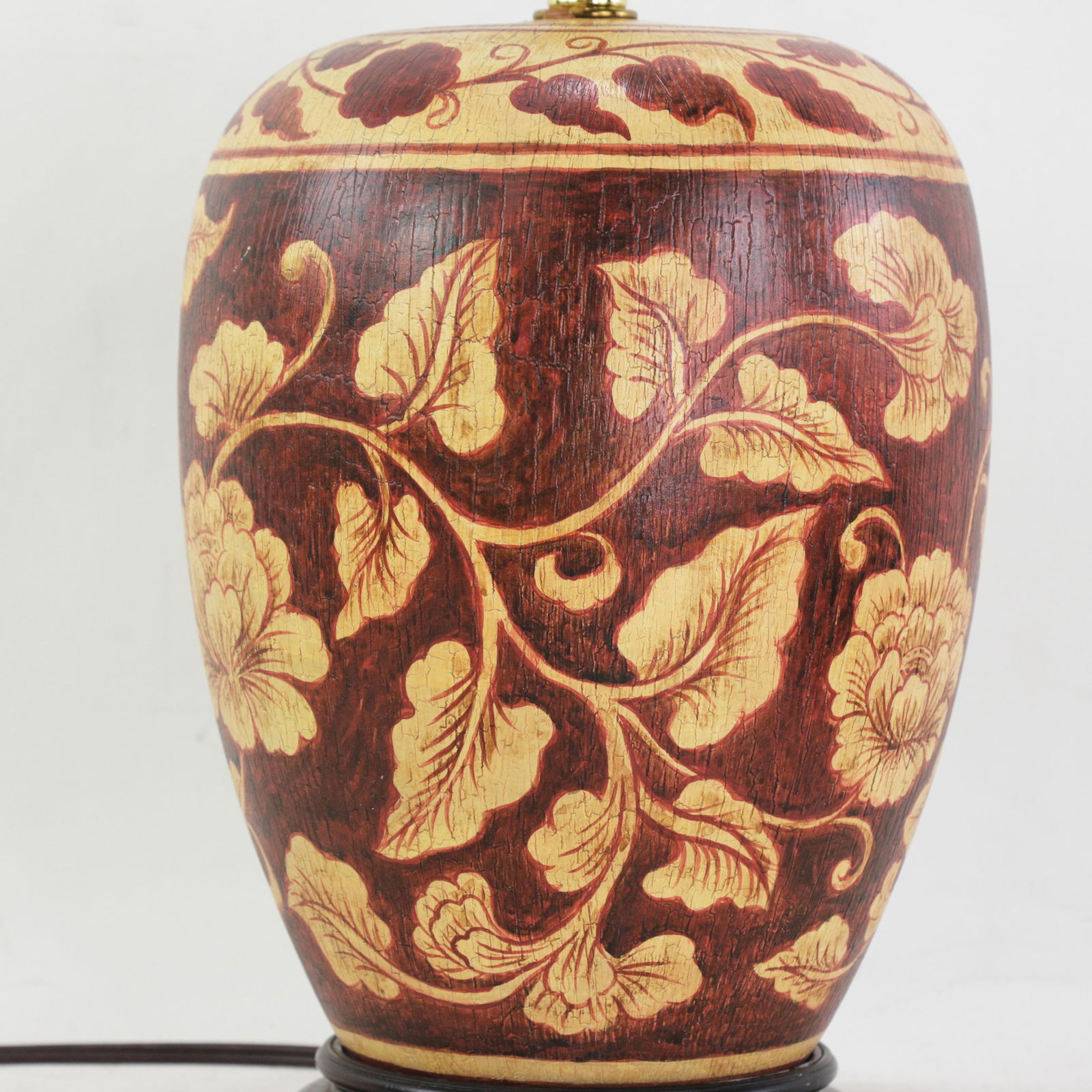 Vintage Hand Painted Brown and Cream Floral Ceramic Table Lamp With Peony Motif and Wood Base - 7