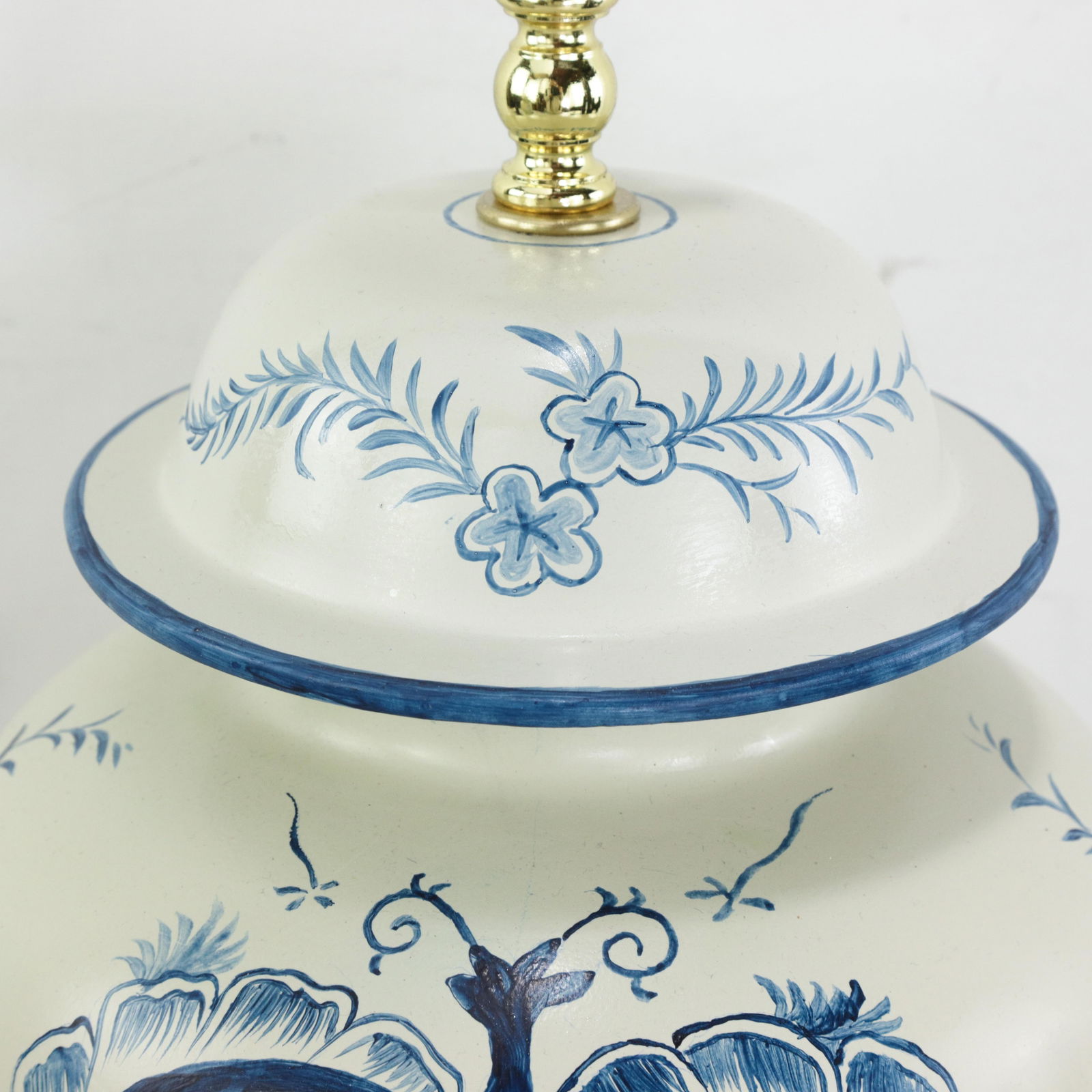 Pair of Vintage Hand Painted Blue and Cream Ceramic Ginger Jar Table Lamps With Deer and Floral Folk - 12