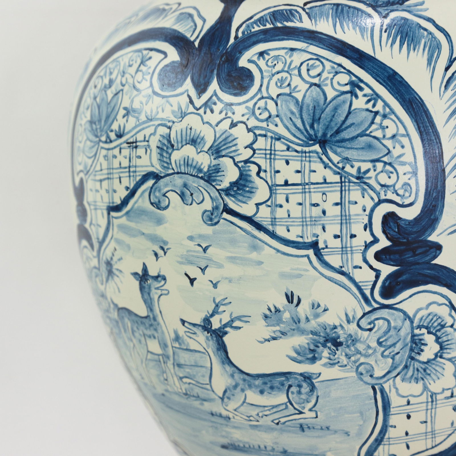 Pair of Vintage Hand Painted Blue and Cream Ceramic Ginger Jar Table Lamps With Deer and Floral Folk - 13